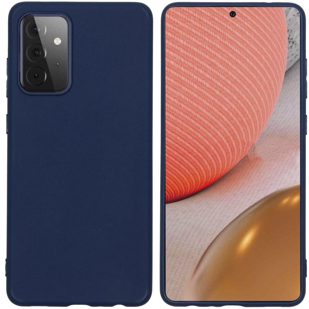 Twee marineblauwe telefoonhoesjes, één vooraan en de andere op de achtergrond. De telefoon heeft een camera.