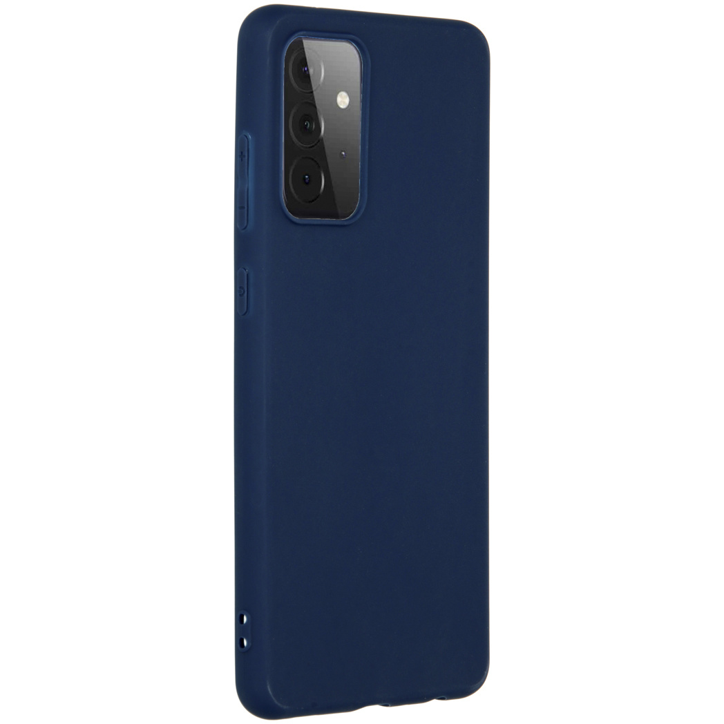 Blauwe telefoonhoes, zijaanzicht. Blauwe achtergrond.
