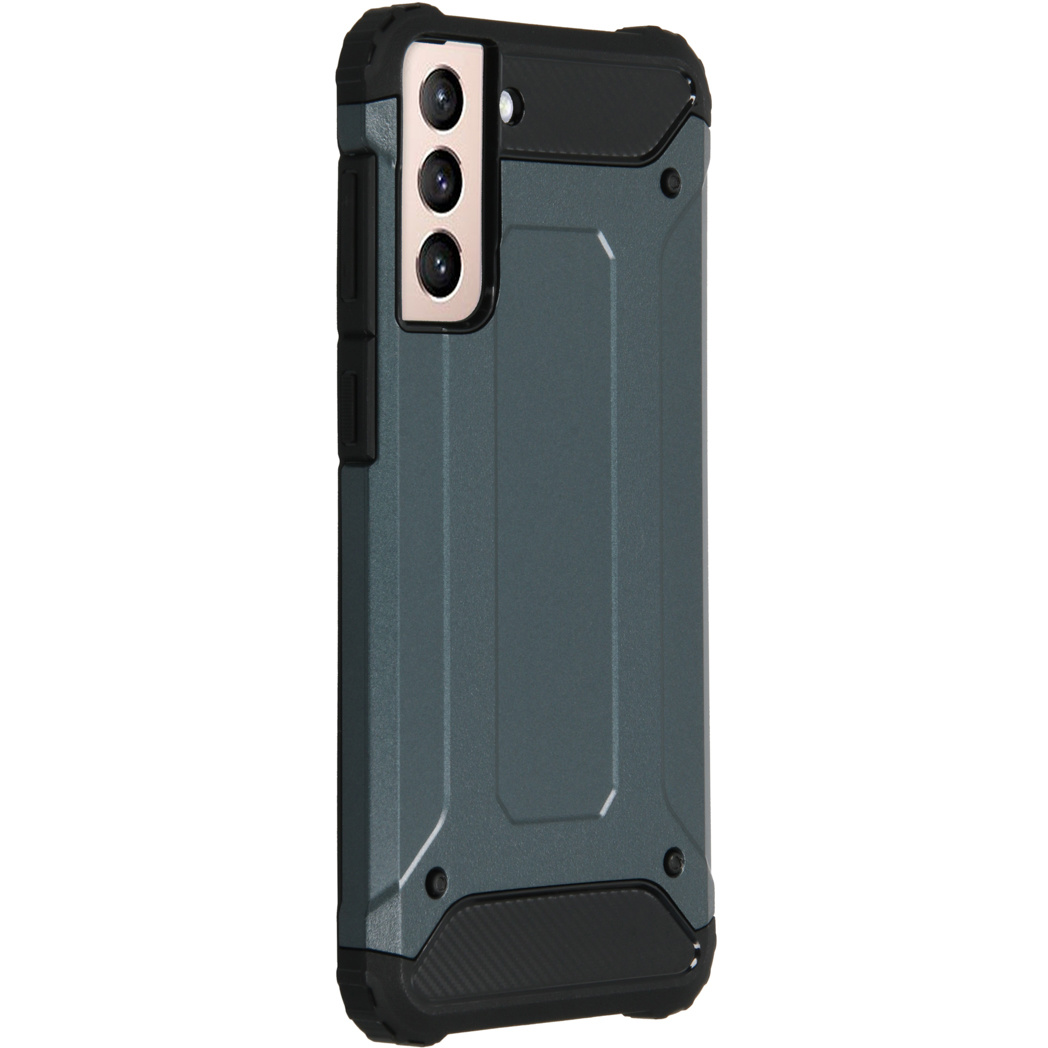 Donkergrijze telefoonhoes met een robuust ontwerp en een multi-camerasysteem.