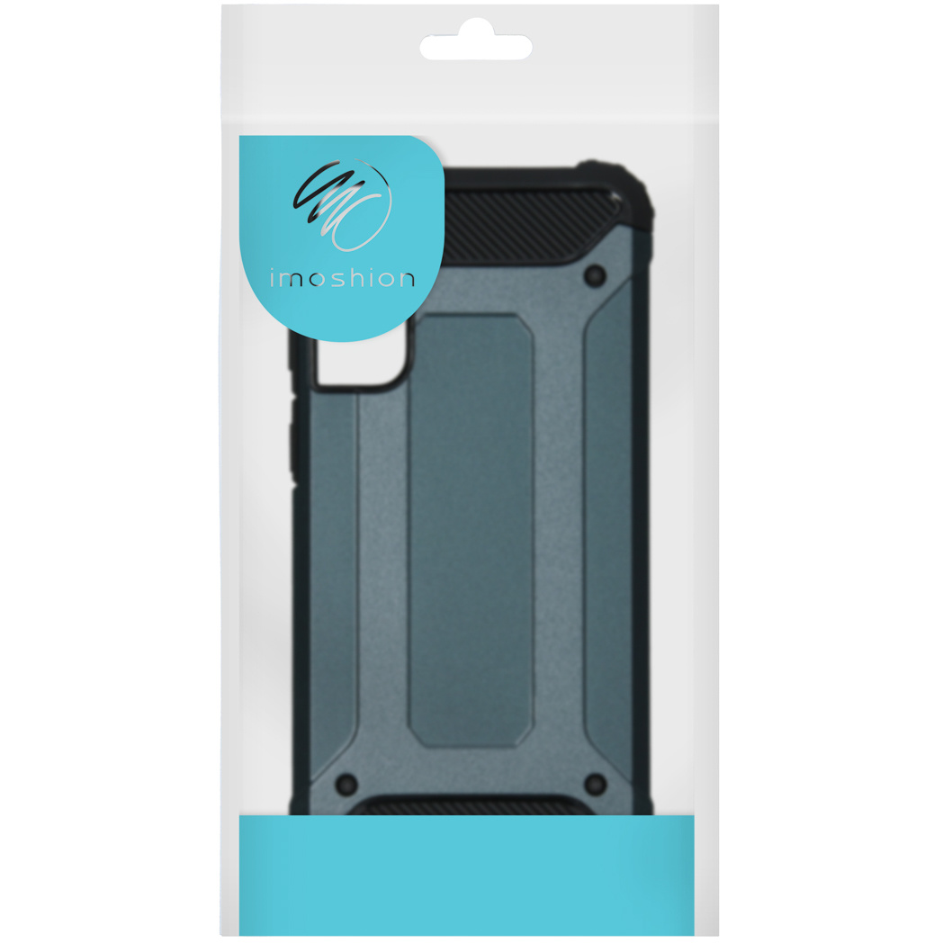 Een telefoonhoesje in een plastic verpakking met het Imoshion-logo, blauwe basis.