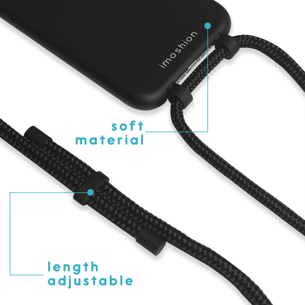 Zwarte telefoonhoes met een zwarte verstelbare lanyard. Het woord imoshion staat op de hoes.