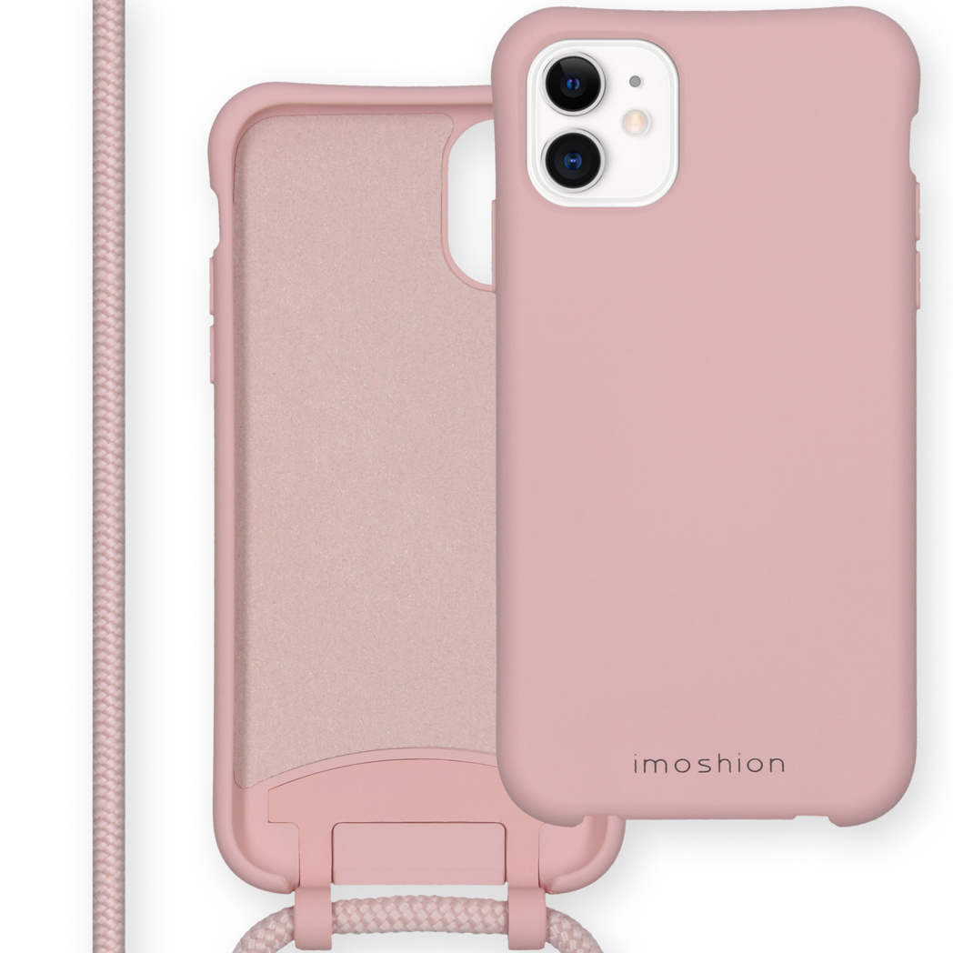 Een roze telefoonhoesje met een telefoon erin en een bijpassend koord, tegen een witte achtergrond.