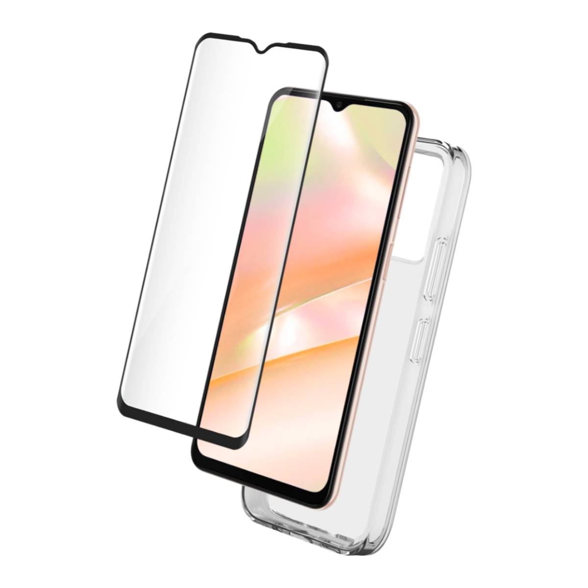 Un telefono, una protezione per lo schermo e una custodia. Il telefono è rosa. La protezione per lo schermo è trasparente. La custodia è trasparente.