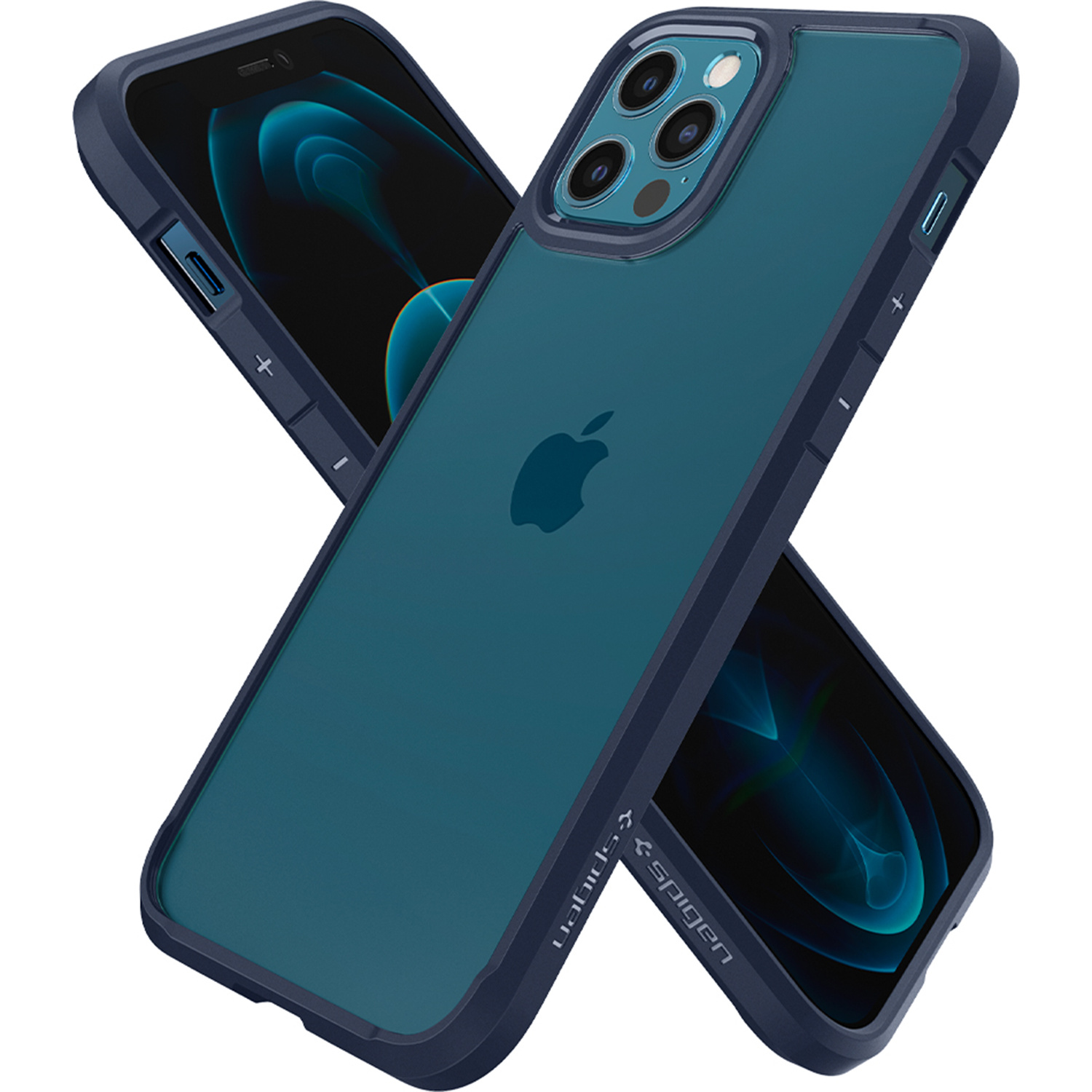 Deux coques de téléphone, une bleue, une transparente, avec un téléphone bleu à l'intérieur.