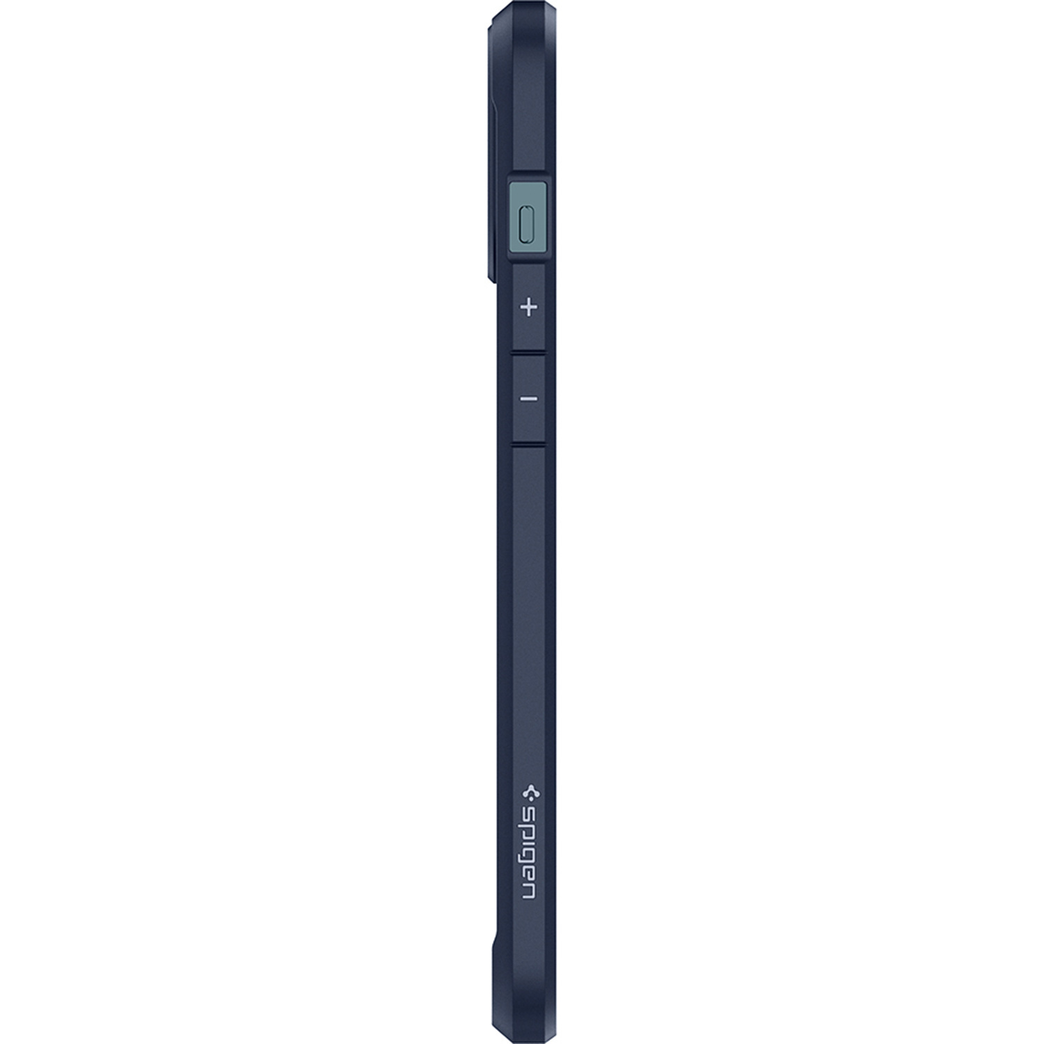 Une coque de téléphone bleu foncé. La coque a des boutons de volume et un bouton d'alimentation sur le côté.
