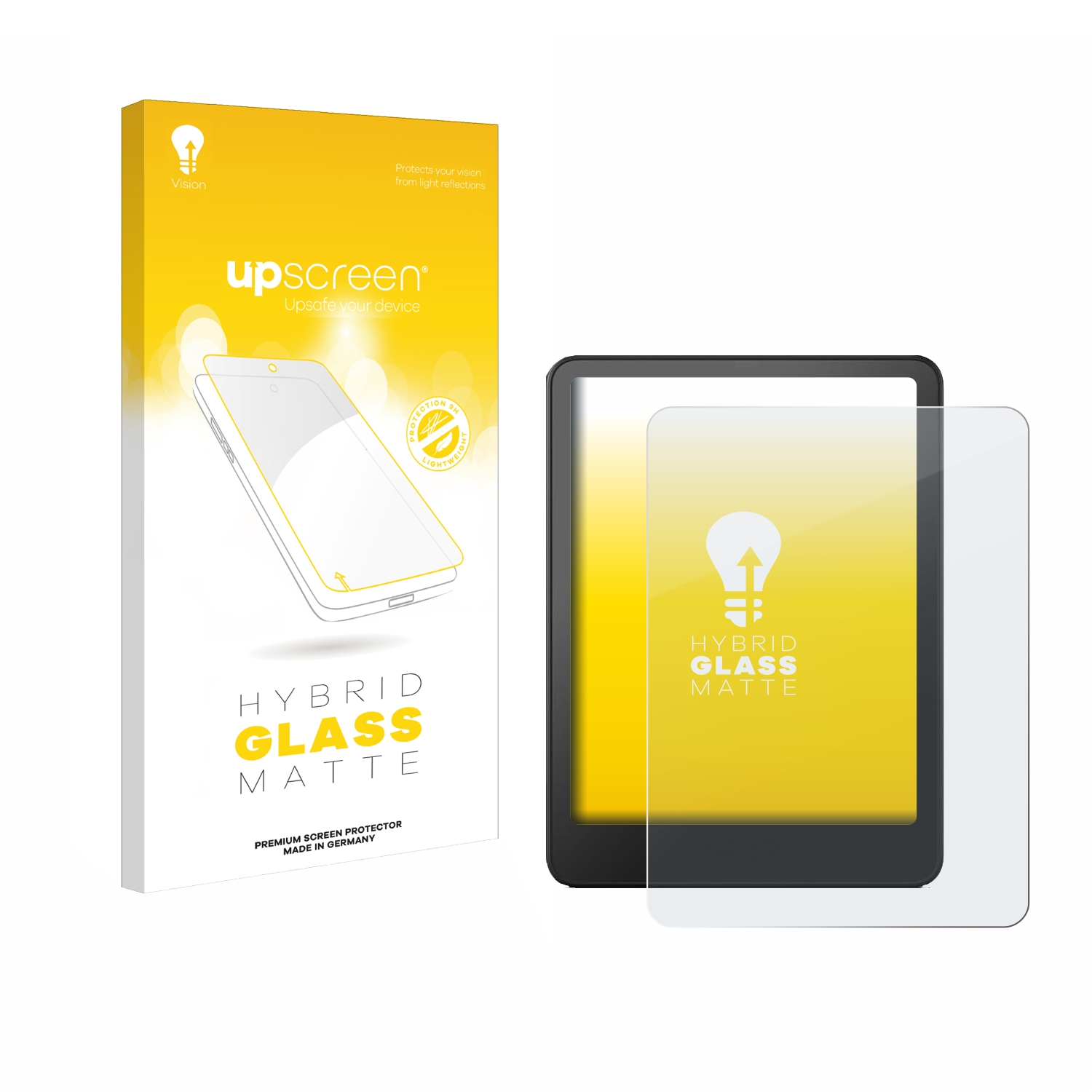 Eine Displayschutzfolie und ein Tablet. Der Schutz ist rechts, das Tablet dahinter.