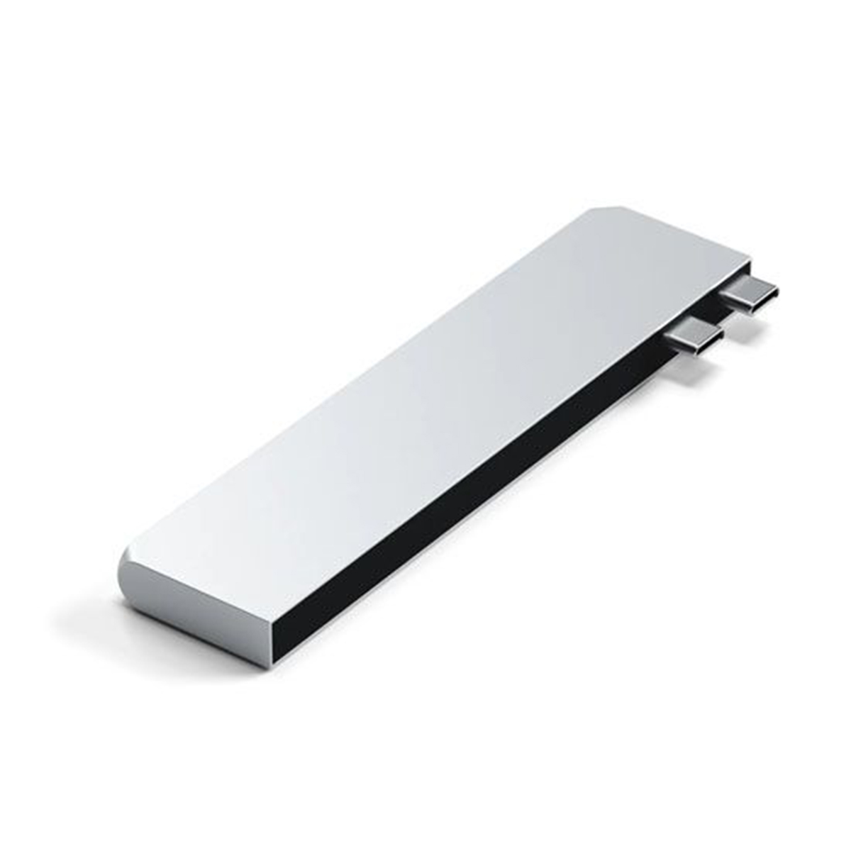 Dispositivo rectangular plateado con dos puertos USB en el lateral.