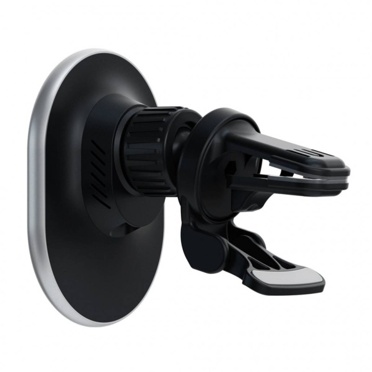 Autotelefonhalter, schwarz und silber. Hat einen Saugnapf-Sockel und eine Telefonklemme.