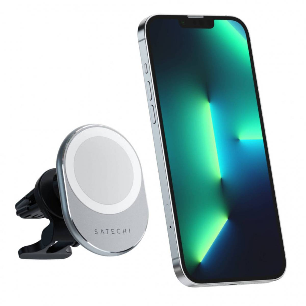 Silberne Autolüftungs-Telefonhalterung und ein silbernes iPhone mit grünem Bildschirm.