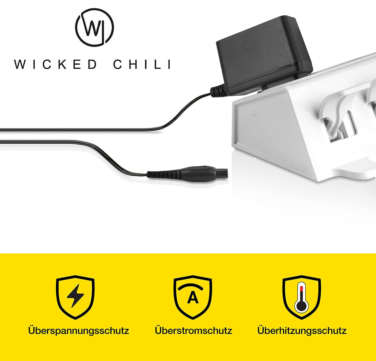 Schwarzes Netzteil an einem weißen Gerät angeschlossen. Wicked Chili Logo und Sicherheitssymbole.