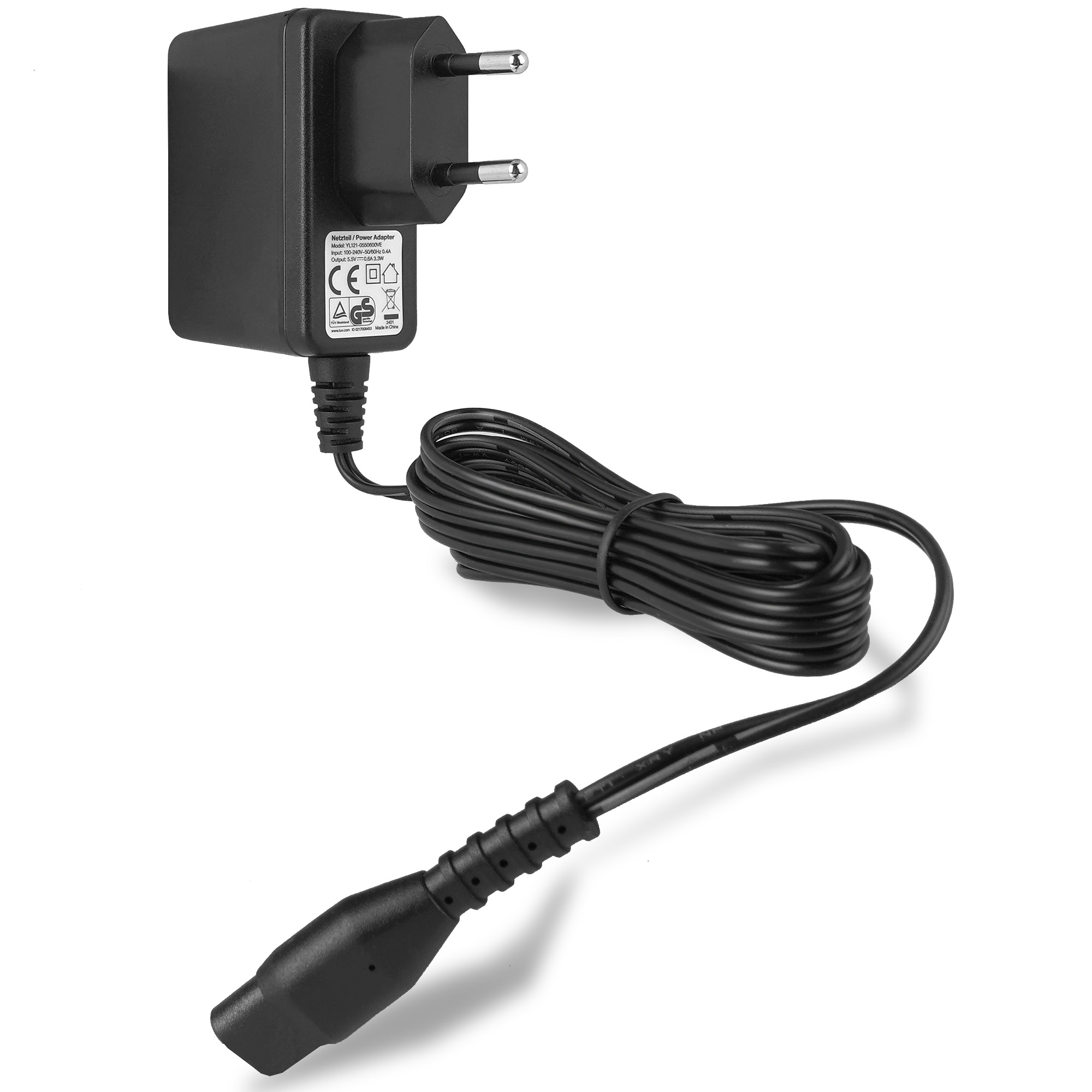 Schwarzes Netzteil mit Kabel und Stecker. Das Kabel ist aufgerollt und mit einem kleinen Stecker verbunden.