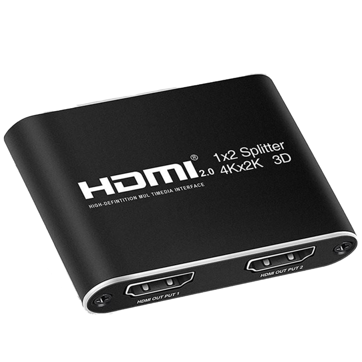 Czarny rozdzielacz HDMI, 1x2, z wejściami i wyjściami HDMI. Tekst: HDMI 2.0 4Kx2K 3D.