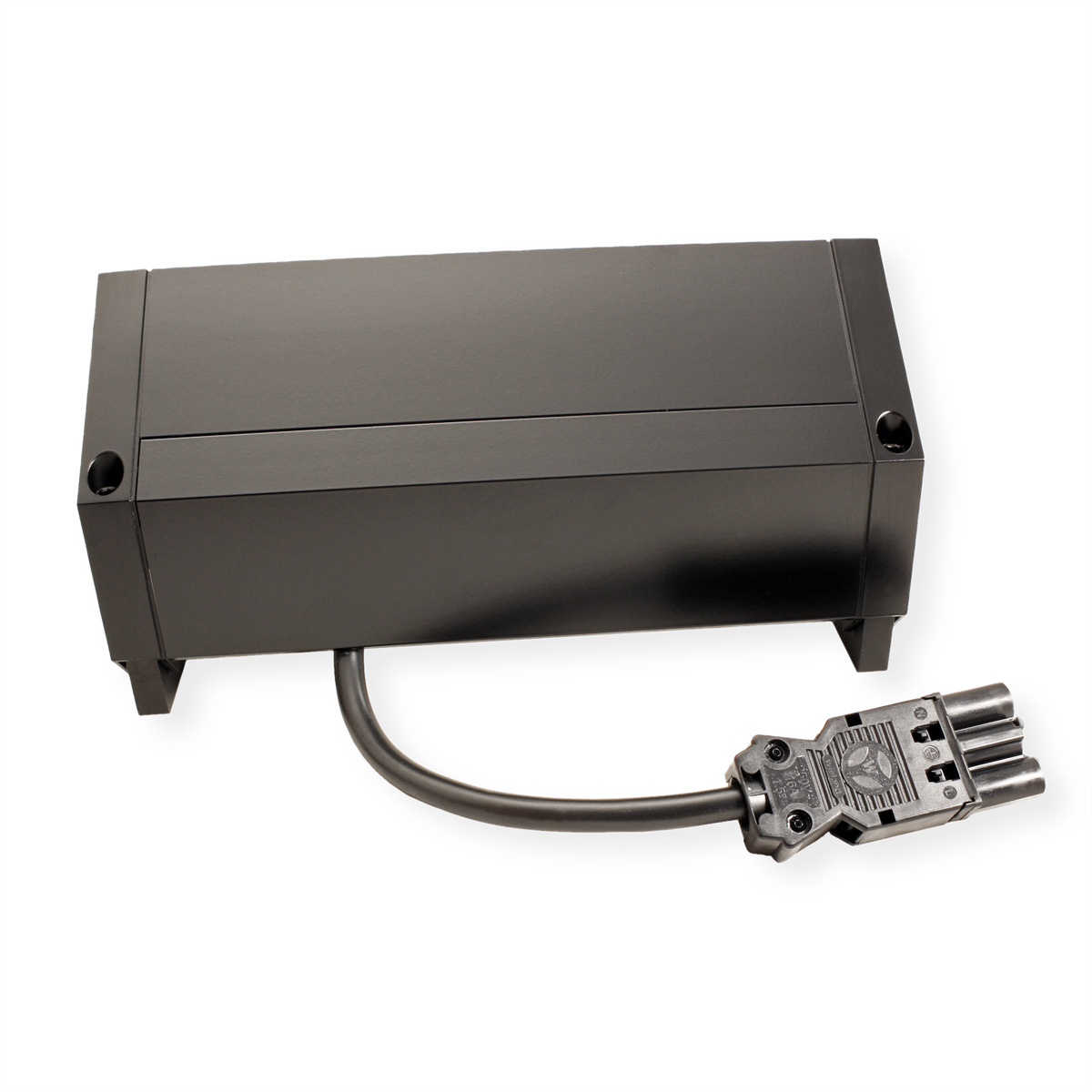 Zwart rechthoekig apparaat met een kabel en connector. Witte achtergrond.