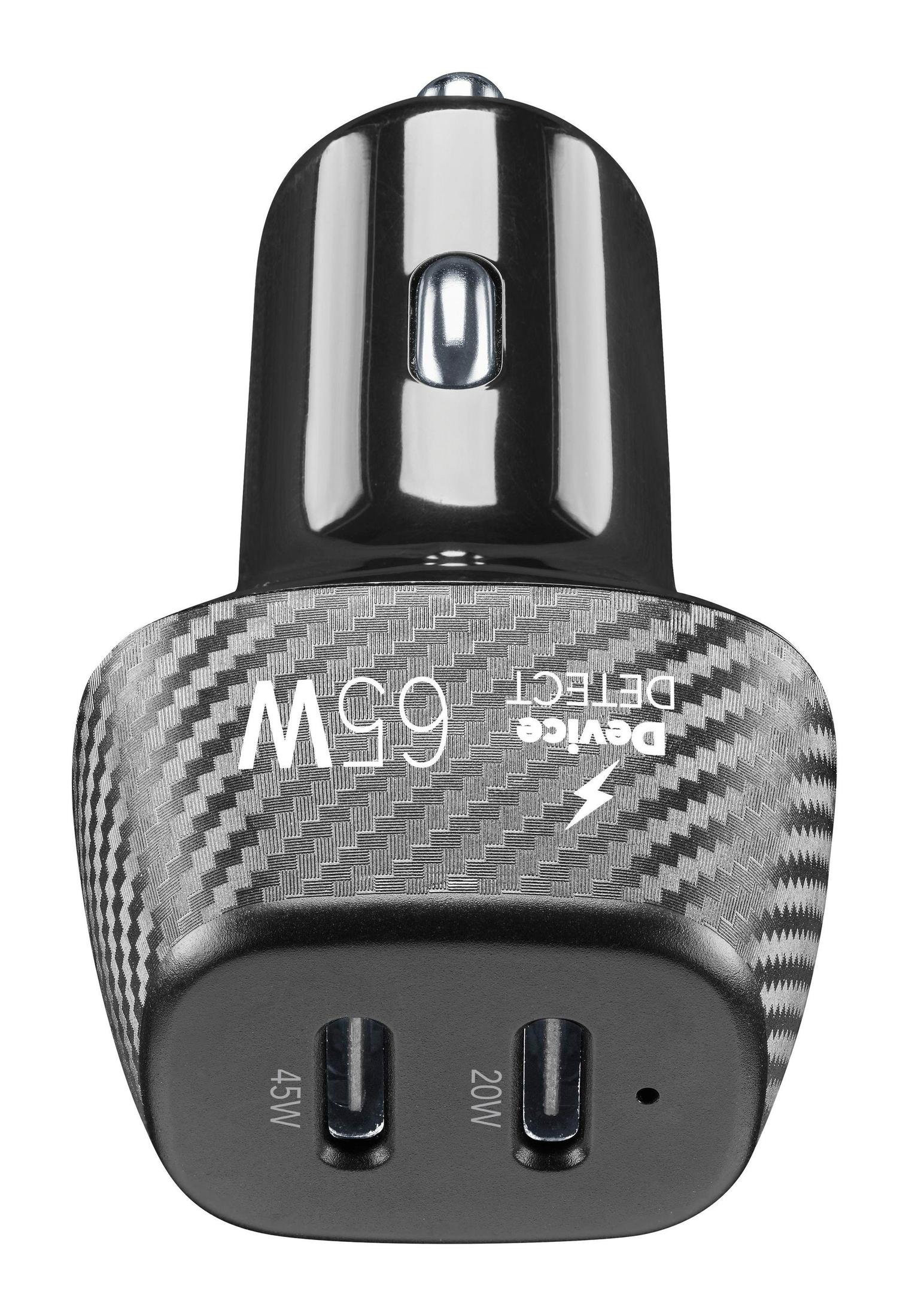Ein schwarzes Autoladegerät mit zwei USB-Anschlüssen und einem Kohlefaserdesign. Es steht "65W" und "Device Detect" drauf.