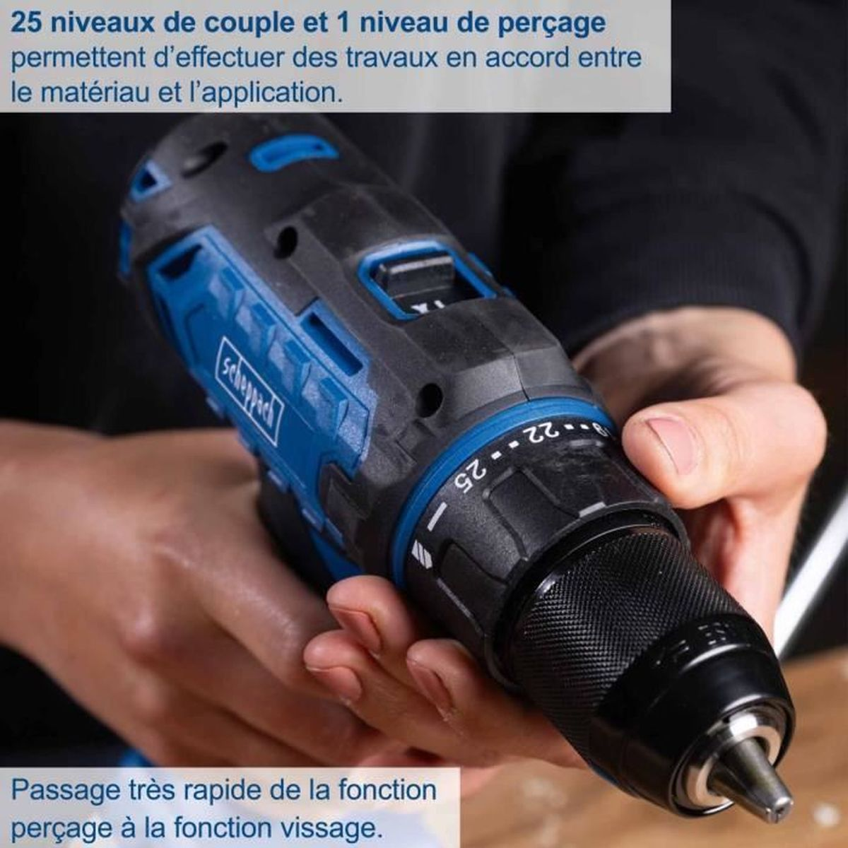 Blue and black cordless drill, with the text on the top saying "25 levels of torque".