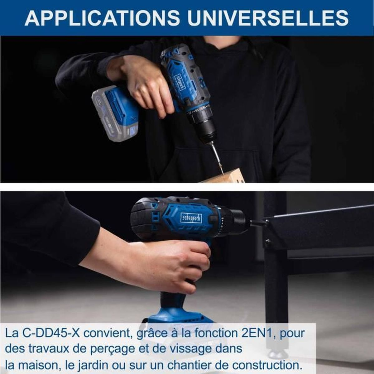 Person uses a blue and black cordless drill to drill a wooden plank. Text at top.