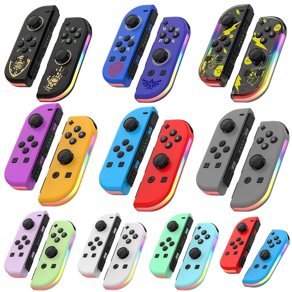 Eine Sammlung von Switch-Controllern in verschiedenen Farben mit einzigartigen Designs.