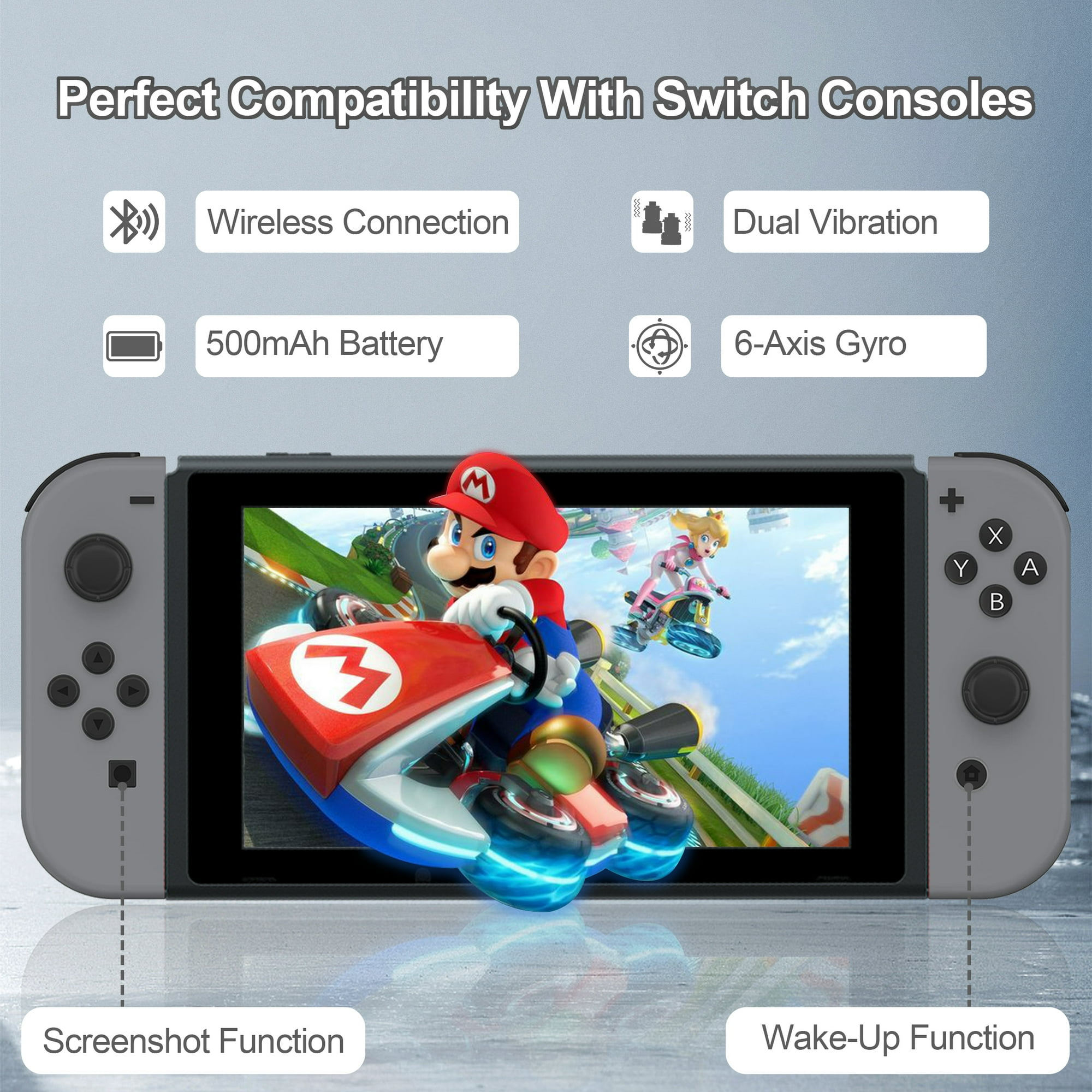 Nintendo Switch Konsole mit Mario Kart Spielanzeige. Merkmale hervorgehoben. Weißer Hintergrund.