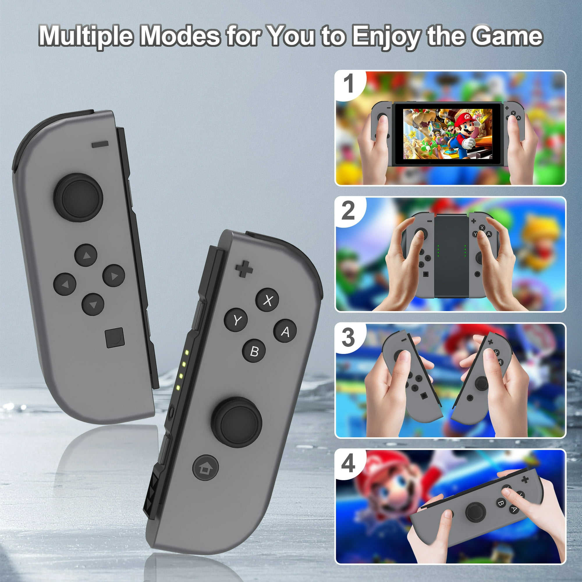 Graue Gamecontroller mit dem Nintendo Switch-Bildschirm, der verschiedene Spielmodi zeigt.