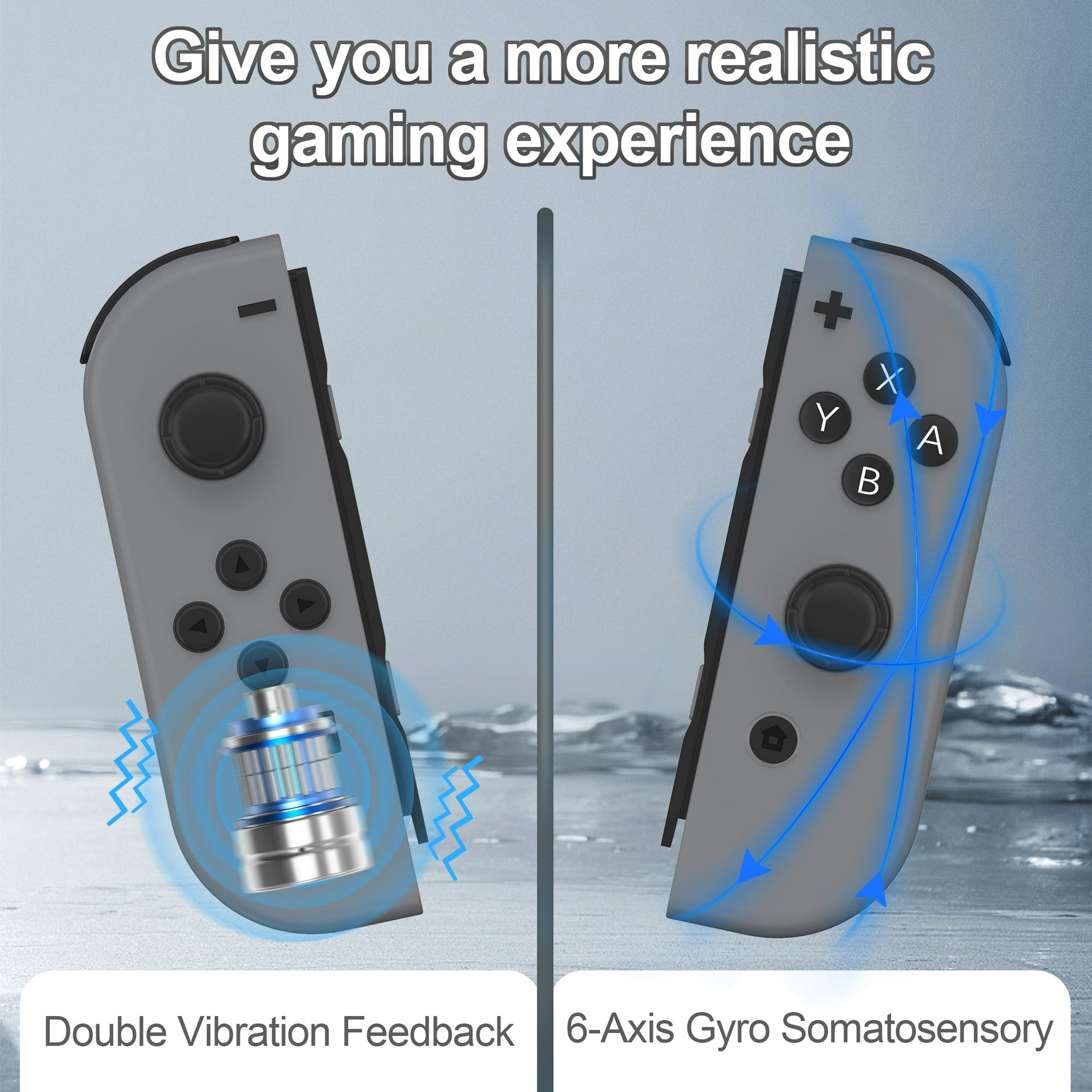 Gaming-Controller mit grauen Tasten und blauem Vibrationsfeedback.