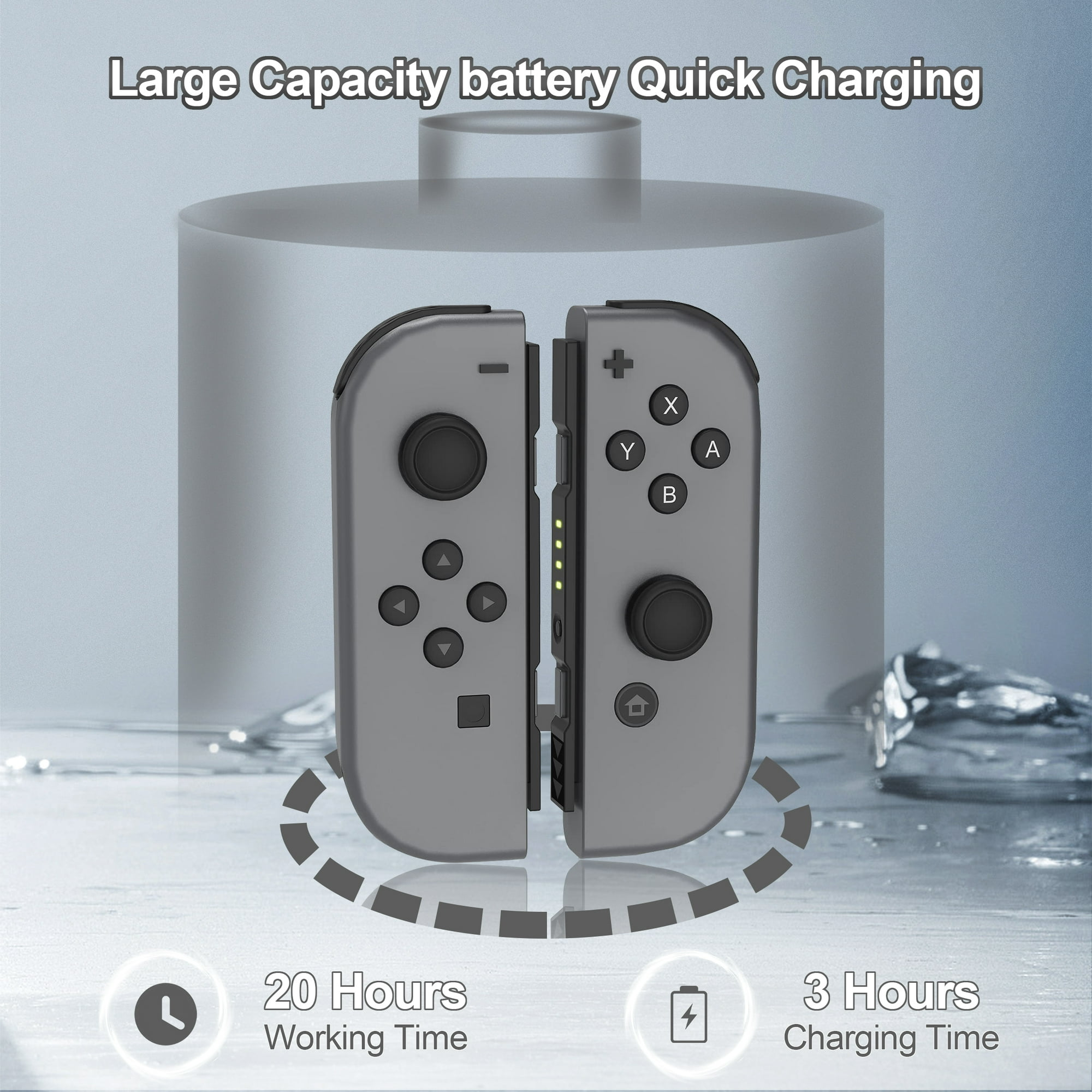 Graue Spielcontroller getrennt mit einer Batteriegrafik.