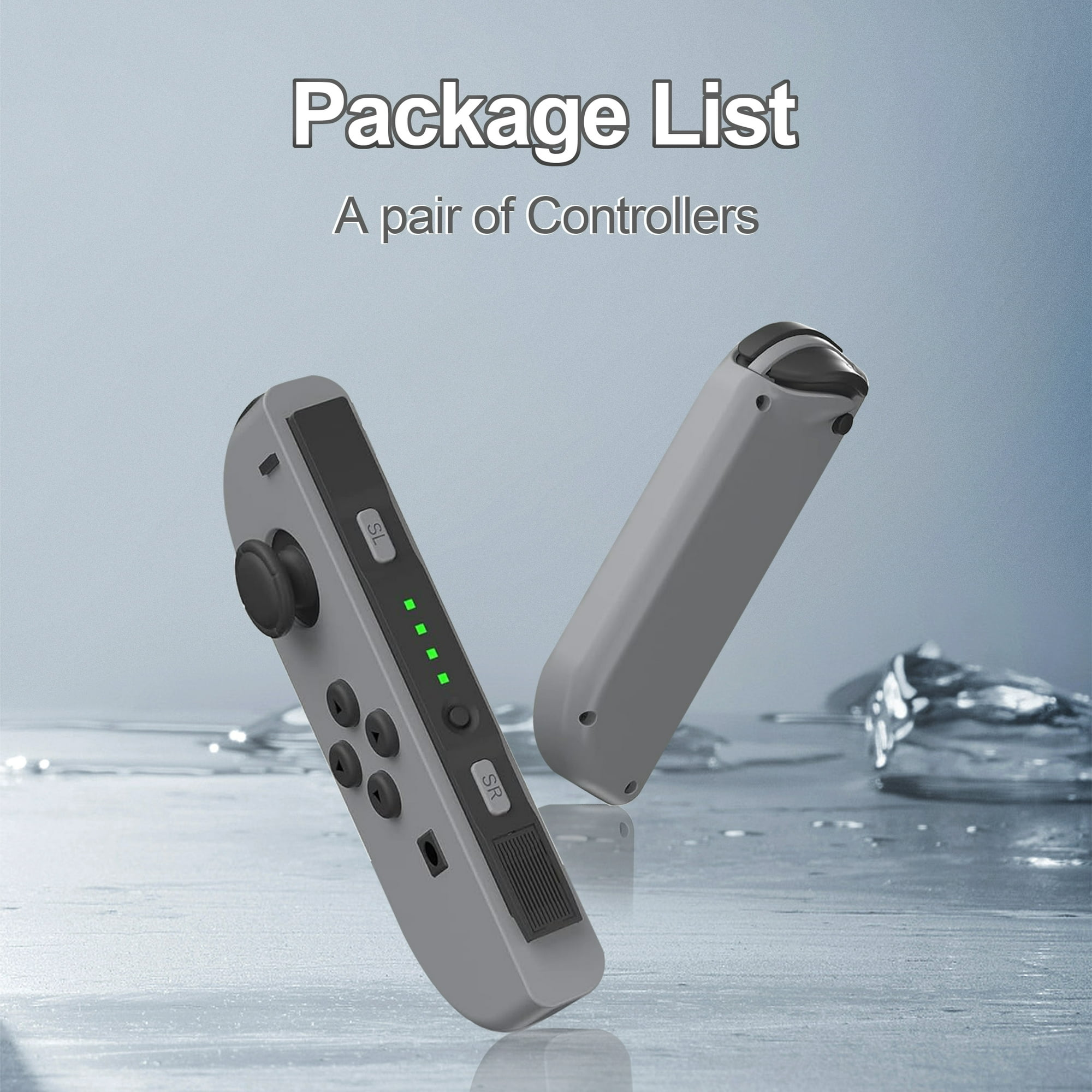 Zwei graue Gamecontroller auf einer wasserartigen Oberfläche. Einer ist leicht erhöht, der andere liegt.