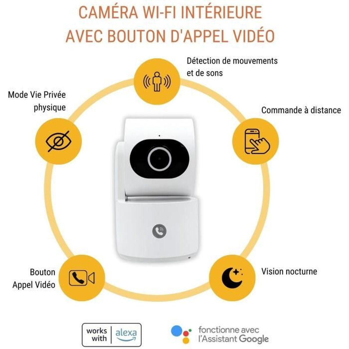 Telecamera Wi-Fi interna bianca con pulsante per videochiamate, circondata da icone e testo.