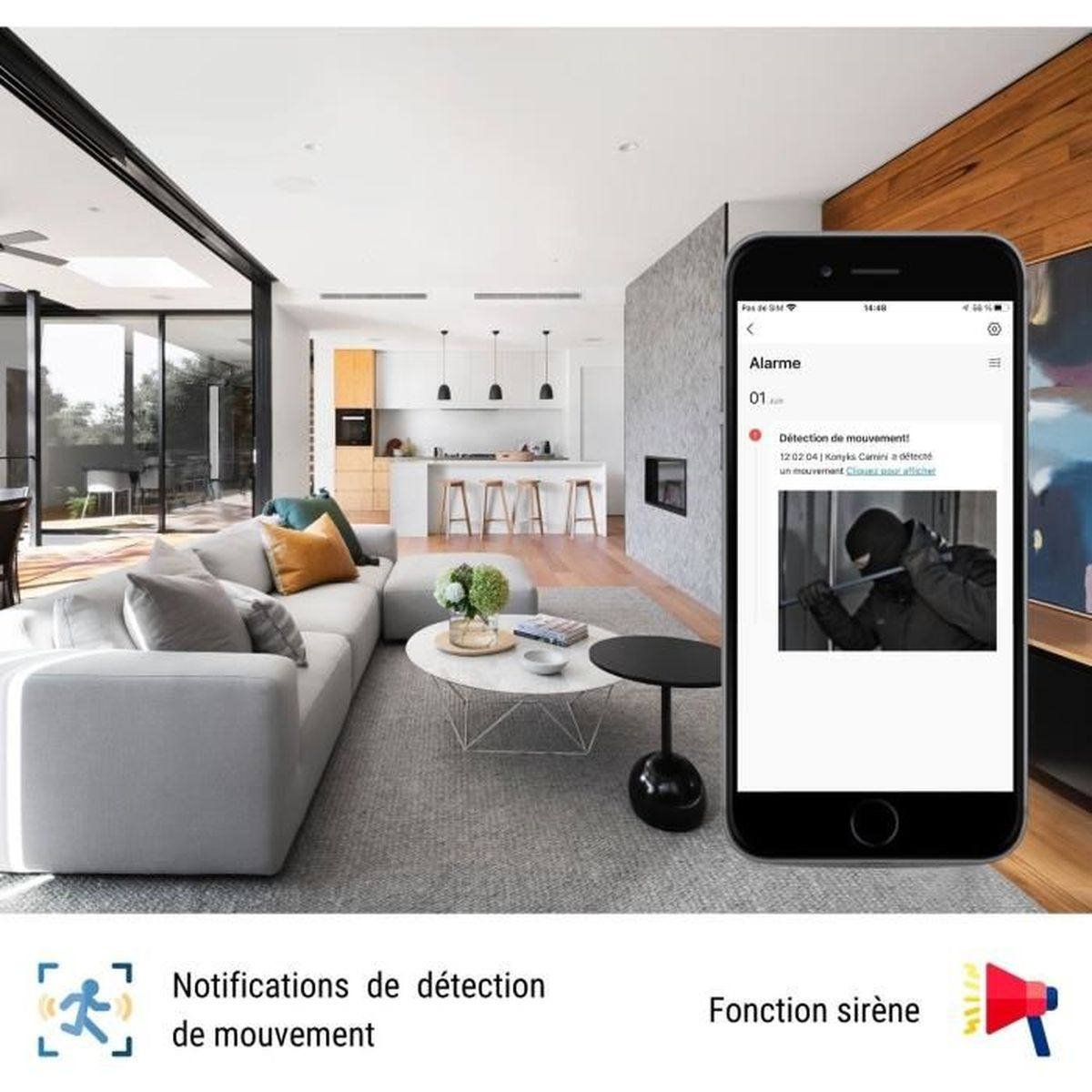 Wohnzimmer mit Telefon, das einen Sicherheitsalarm zeigt.