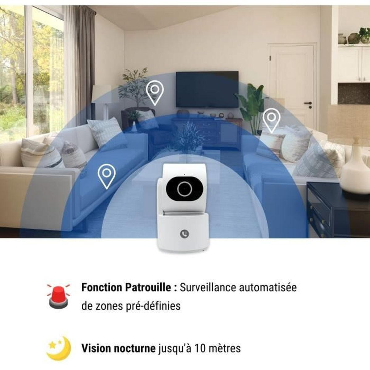 Una telecamera di sicurezza bianca con obiettivo nero e testo sulla visione notturna e la sorveglianza di zona automatizzata.