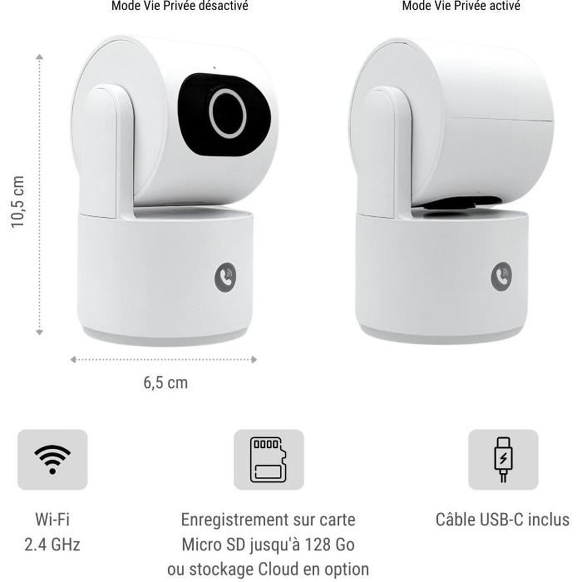 Due telecamere di sicurezza bianche. Una in modalità privacy e l'altra in modalità attiva. Icone sotto le telecamere.