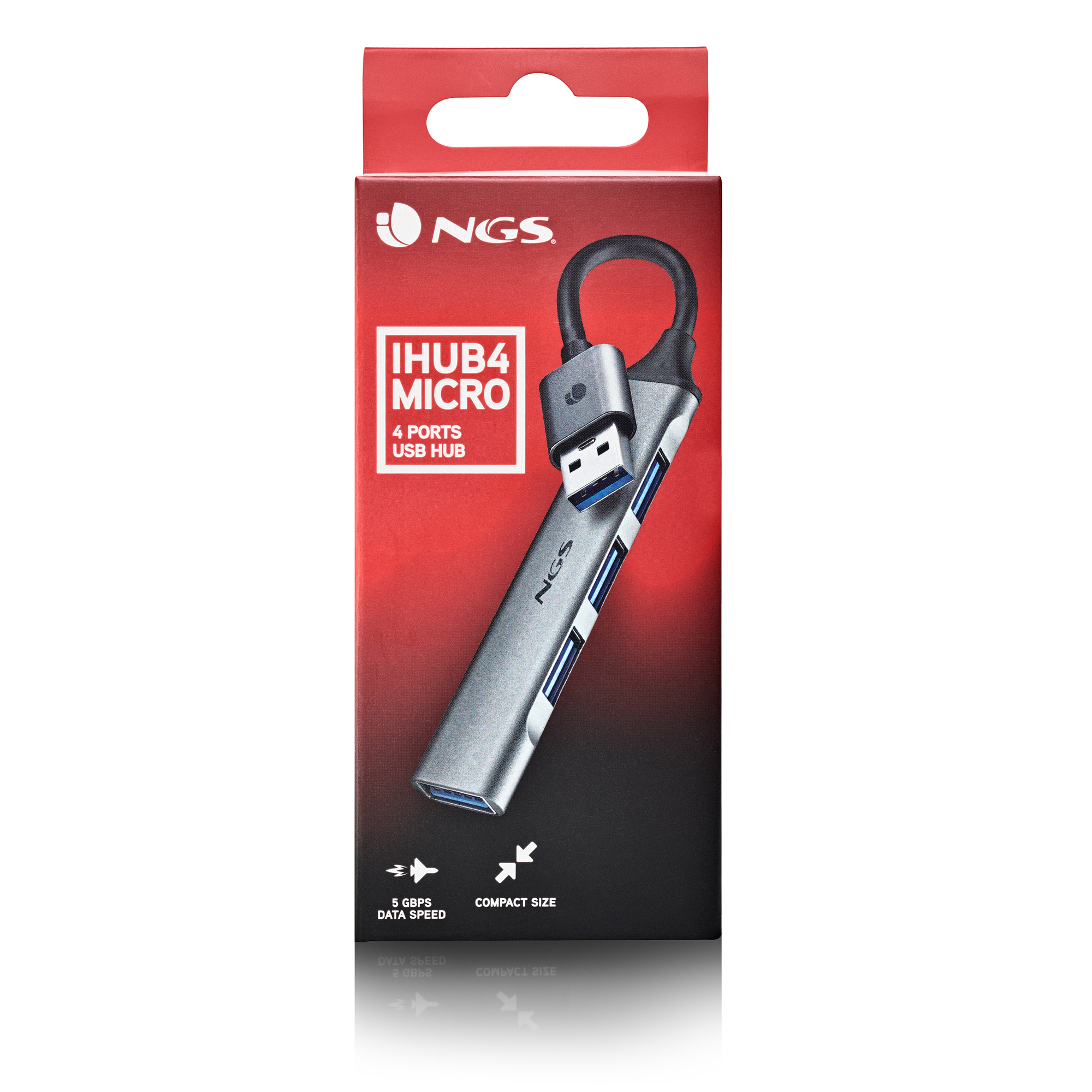 NGS iHUB4 Micro USB-Hub-Box. Grauer Hub mit blauen Anschlüssen. Rote, schwarze und weiße Box.