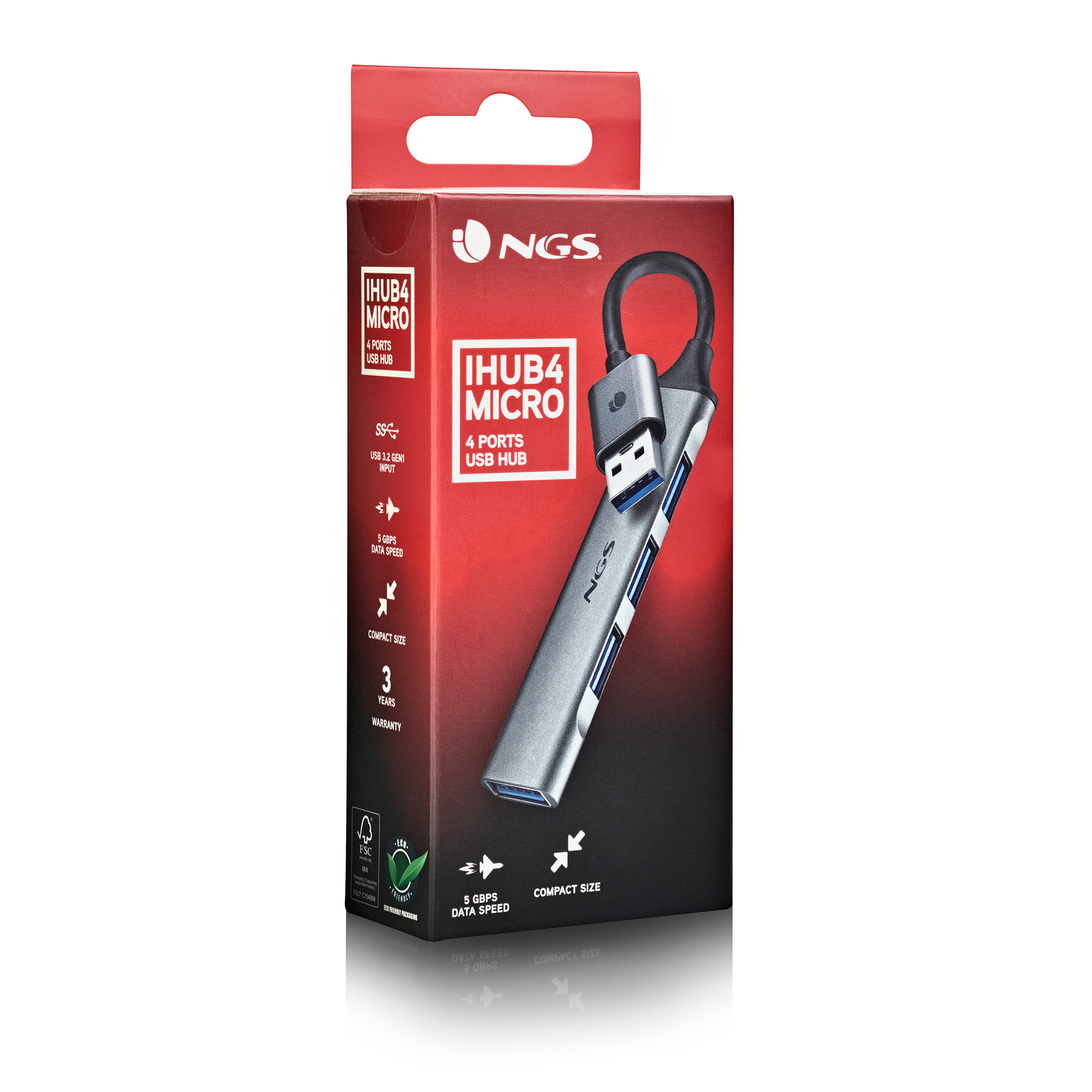 Ein verpackter schwarzer und grauer USB-Hub mit 4 Anschlüssen. Die Box ist rot und schwarz und zeigt einen USB-Anschluss.