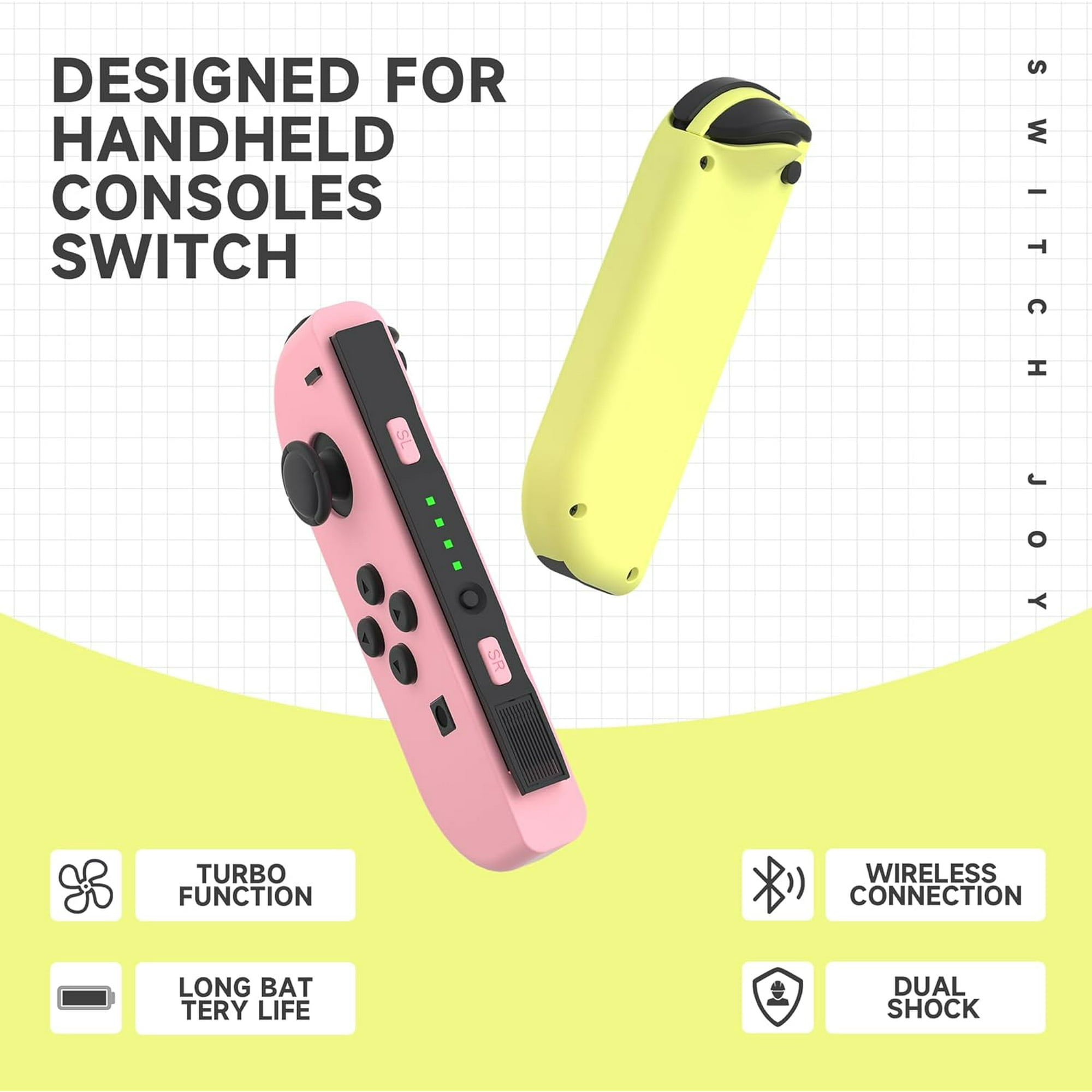 Zwei Joy-Con-Controller, einer rosa, einer gelb, mit Symbolen, die Funktionen wie drahtlose Verbindung zeigen.