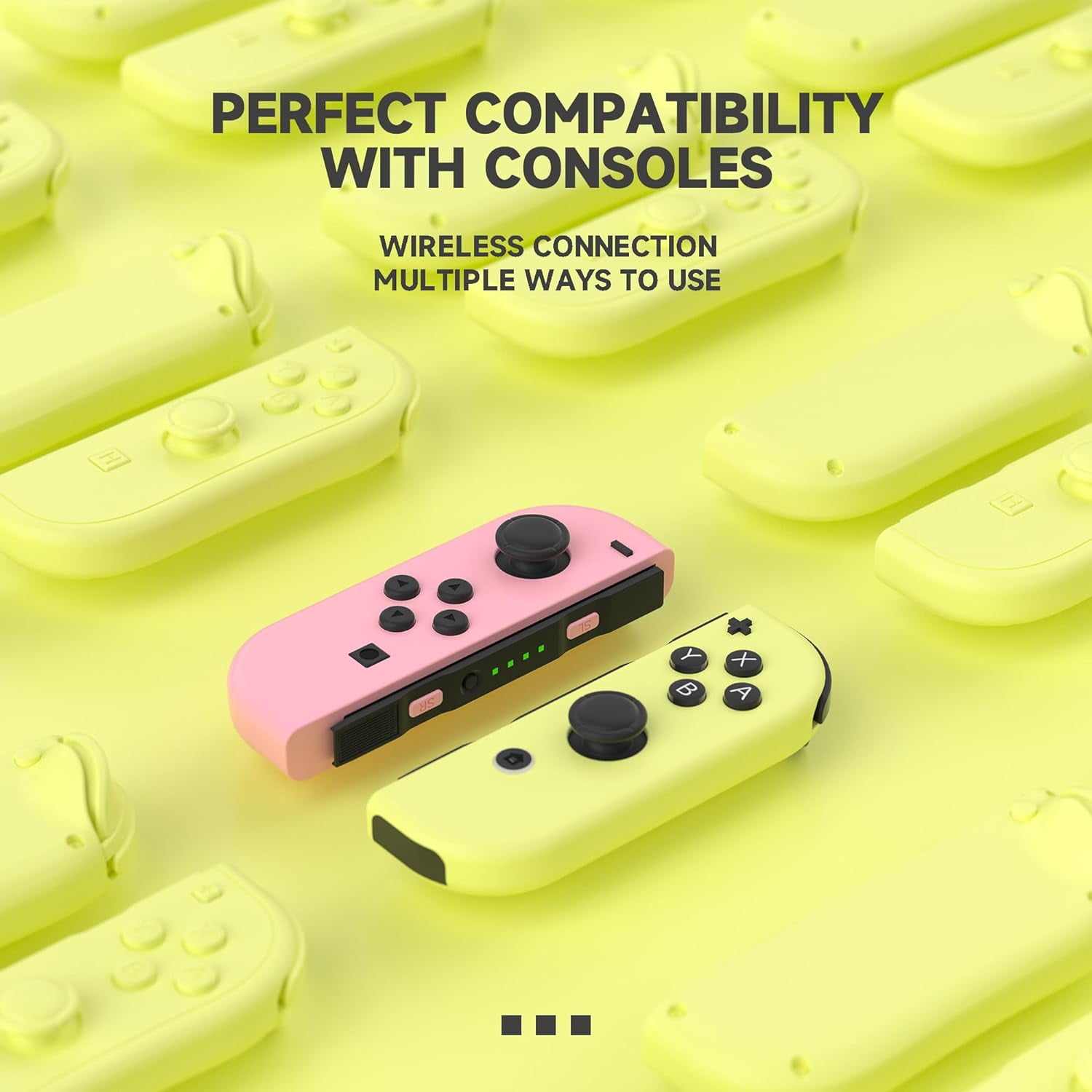 Gelbe und rosa Gamecontroller auf gelbem Hintergrund mit Textüberlagerung verstreut.