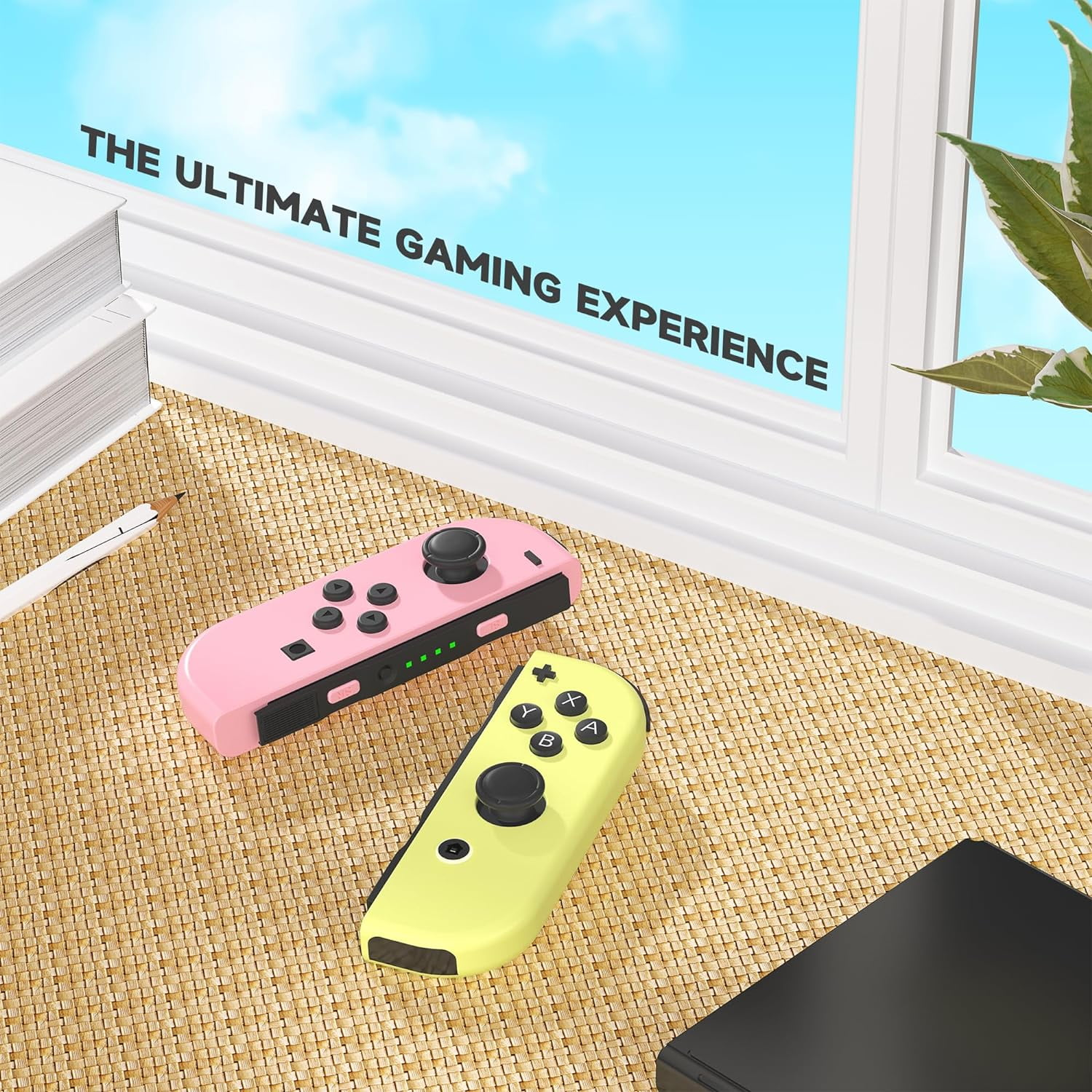 Rosa und gelbe Gamecontroller auf einem Tisch. Der Text oben lautet: 'DAS ULTIMATIVE SPIELERLEBNIS'.