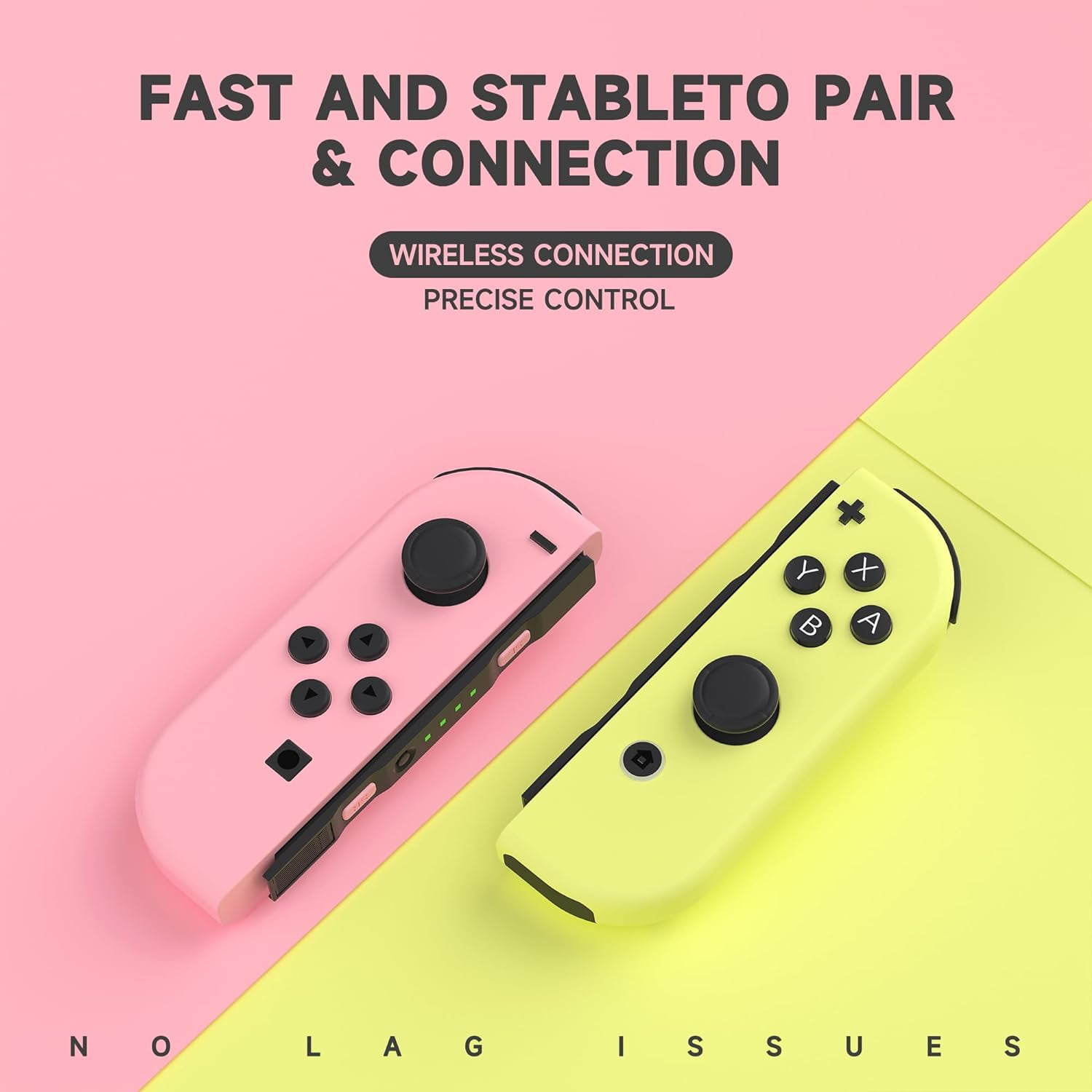 Zwei bunte Gamecontroller, rosa und gelb, vor einem rosa und gelben Hintergrund.