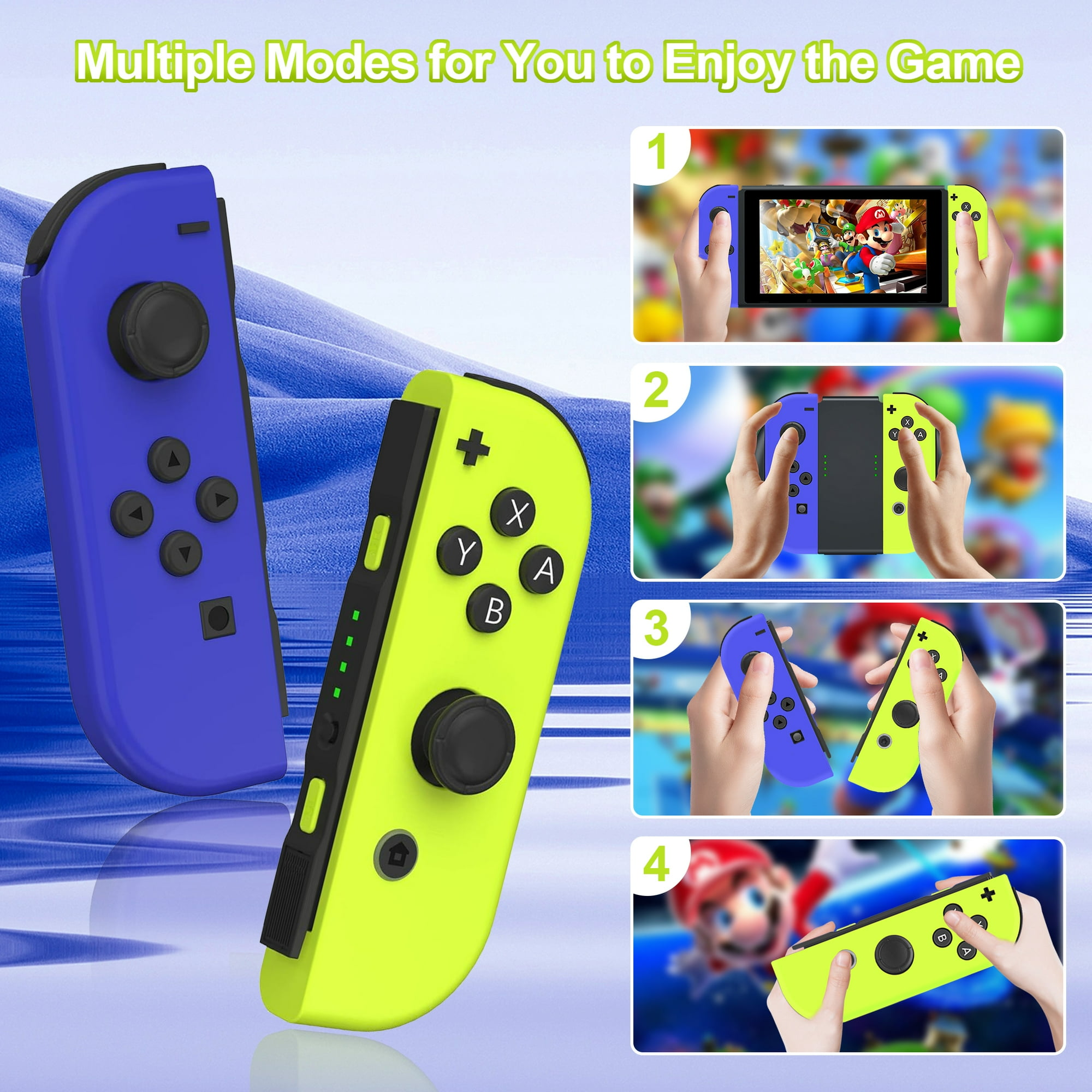 Joy-Cons: lila und neongrün, mit Spielbildern. Zeigt verschiedene Modi für Spielvergnügen.