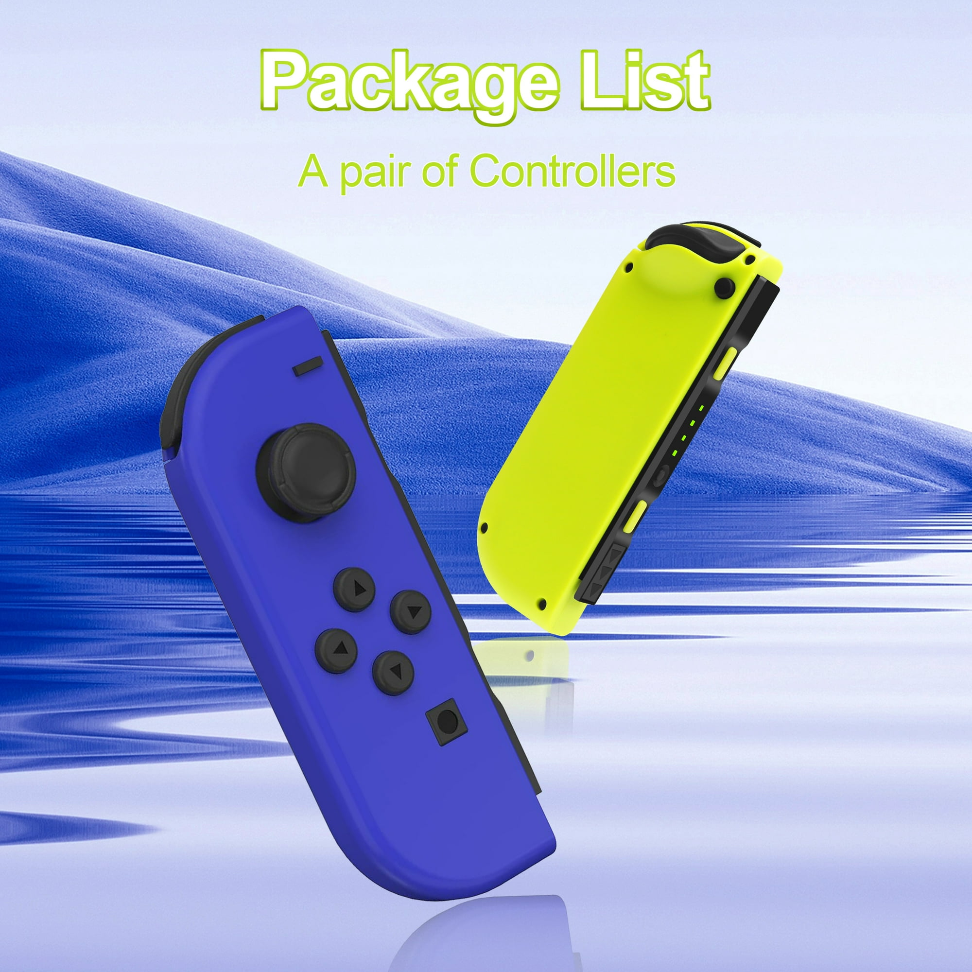 Zwei blaue und gelbe Gamecontroller vor blauem Hintergrund mit abstrakten Linien.