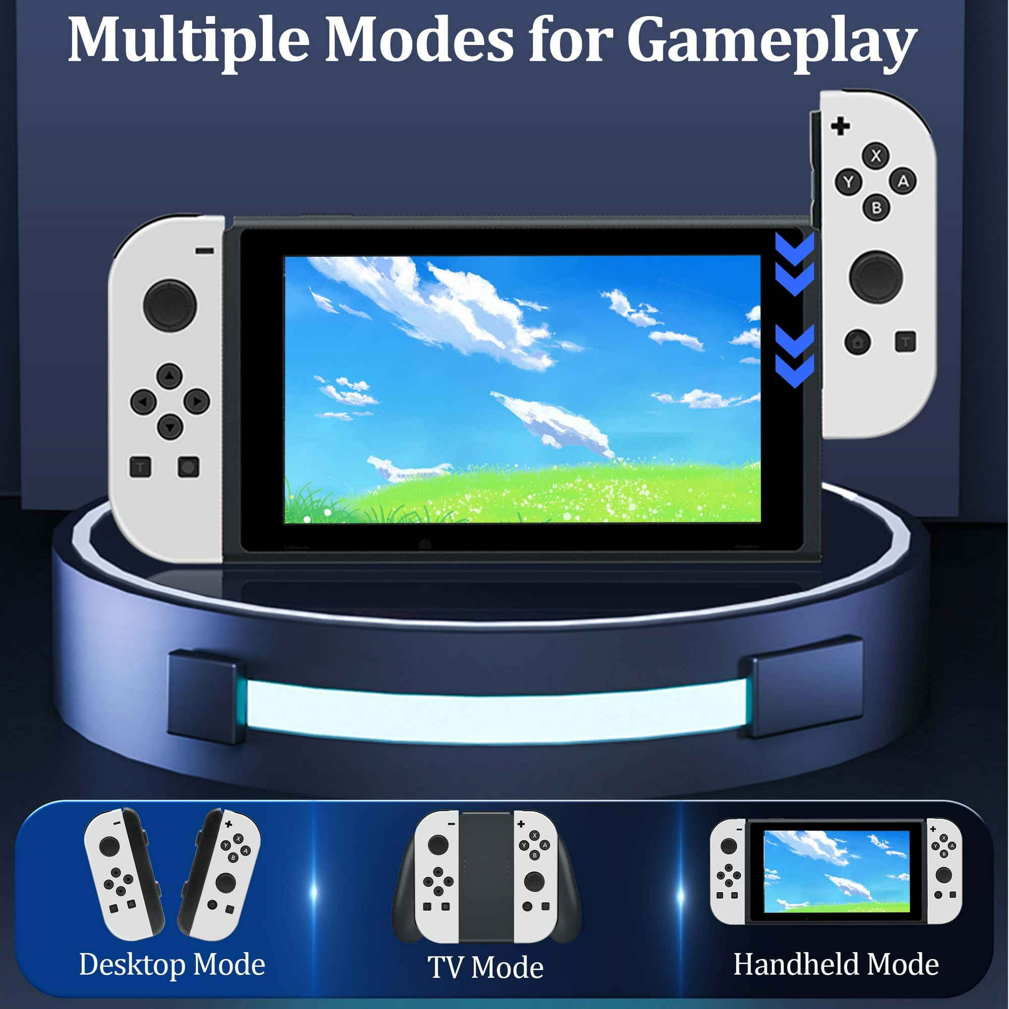 Eine Nintendo Switch mit Joy-Cons, die Desktop-, TV- und Handheld-Modi zeigt.