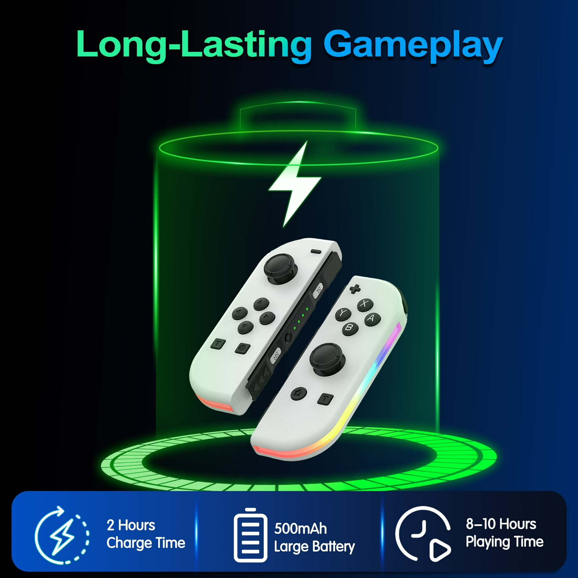 Zwei weiße Spielcontroller mit bunten Lichtern, einem Akkusymbol und Text.