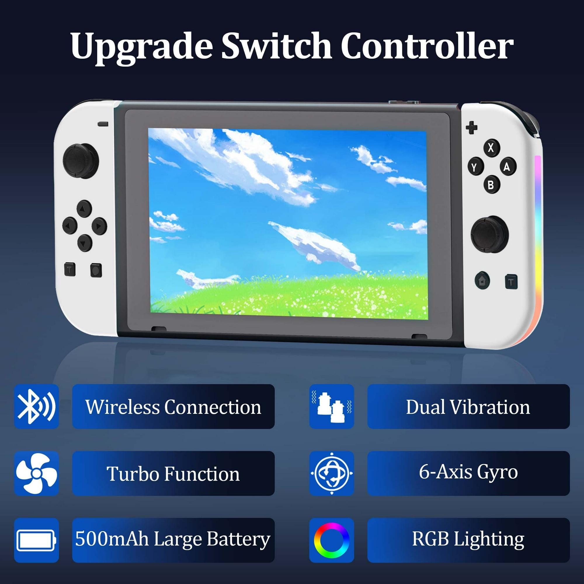 Ein weißer Switch-Controller mit einem Bildschirm, der eine Spielszene mit Symbolen zeigt.