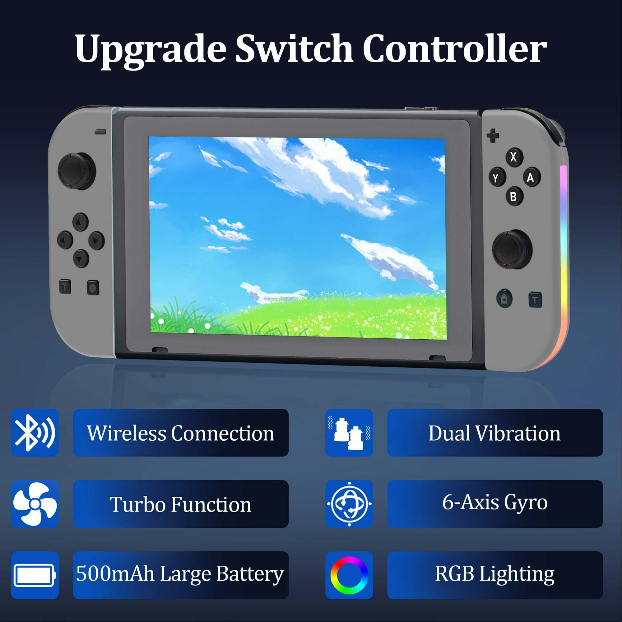 Ein grauer Gamecontroller mit einem Bildschirm, der eine Himmelszene zeigt. Andere Symbole und Text sind angezeigt.