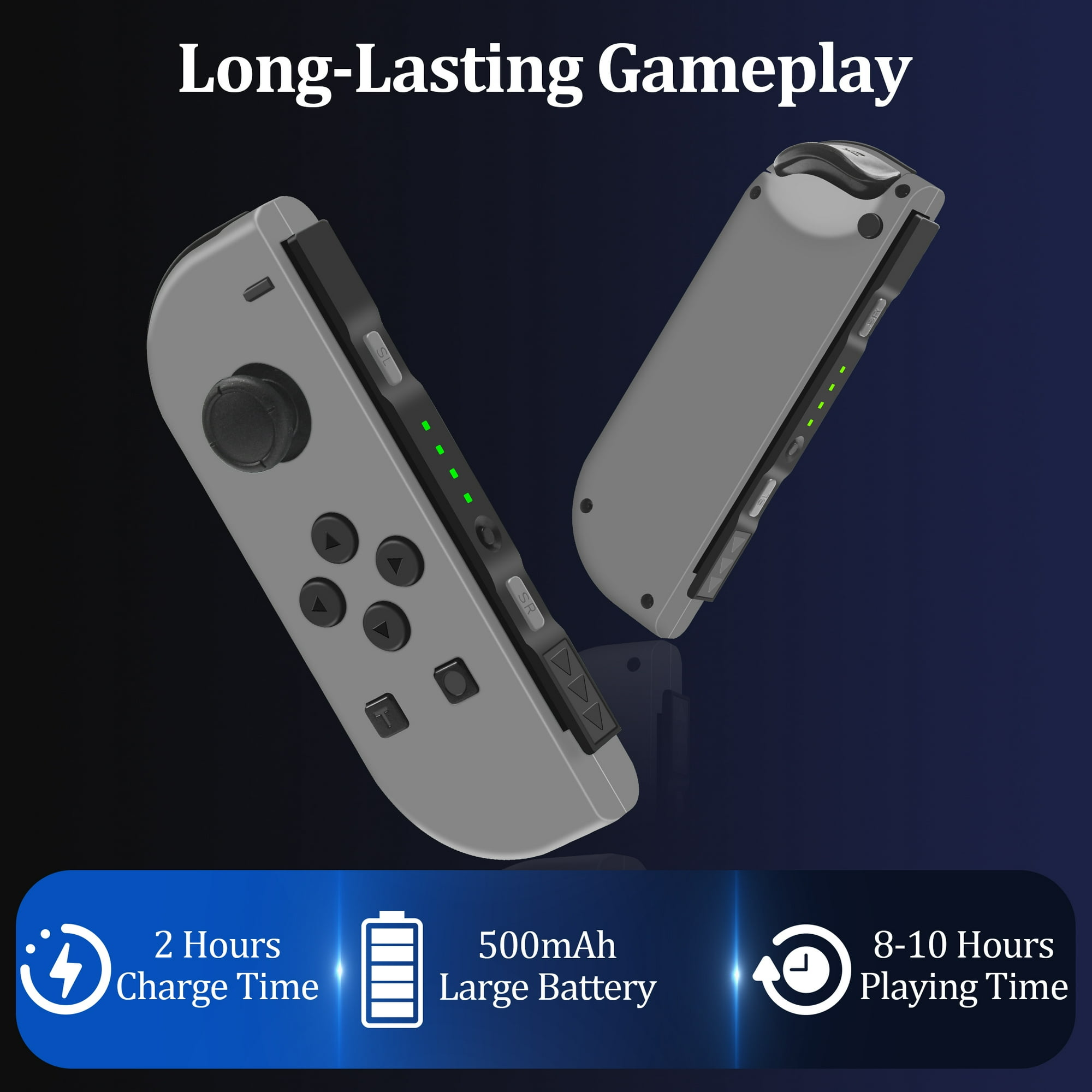 Graue Joy-Con-Controller mit Knöpfen, einem Joystick und Akkuanzeigen auf blauem Hintergrund.