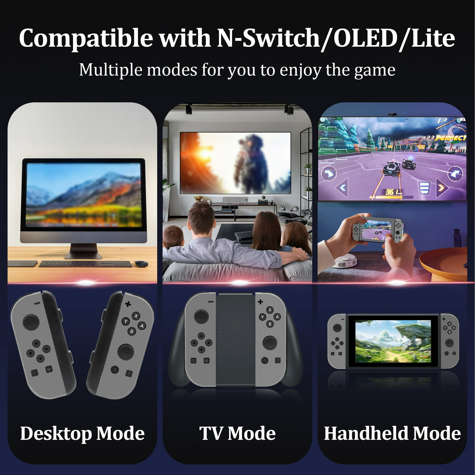 Drei Bilder, die die Nutzungsmodi einer Spielkonsole zeigen: Desktop, TV und Handheld.