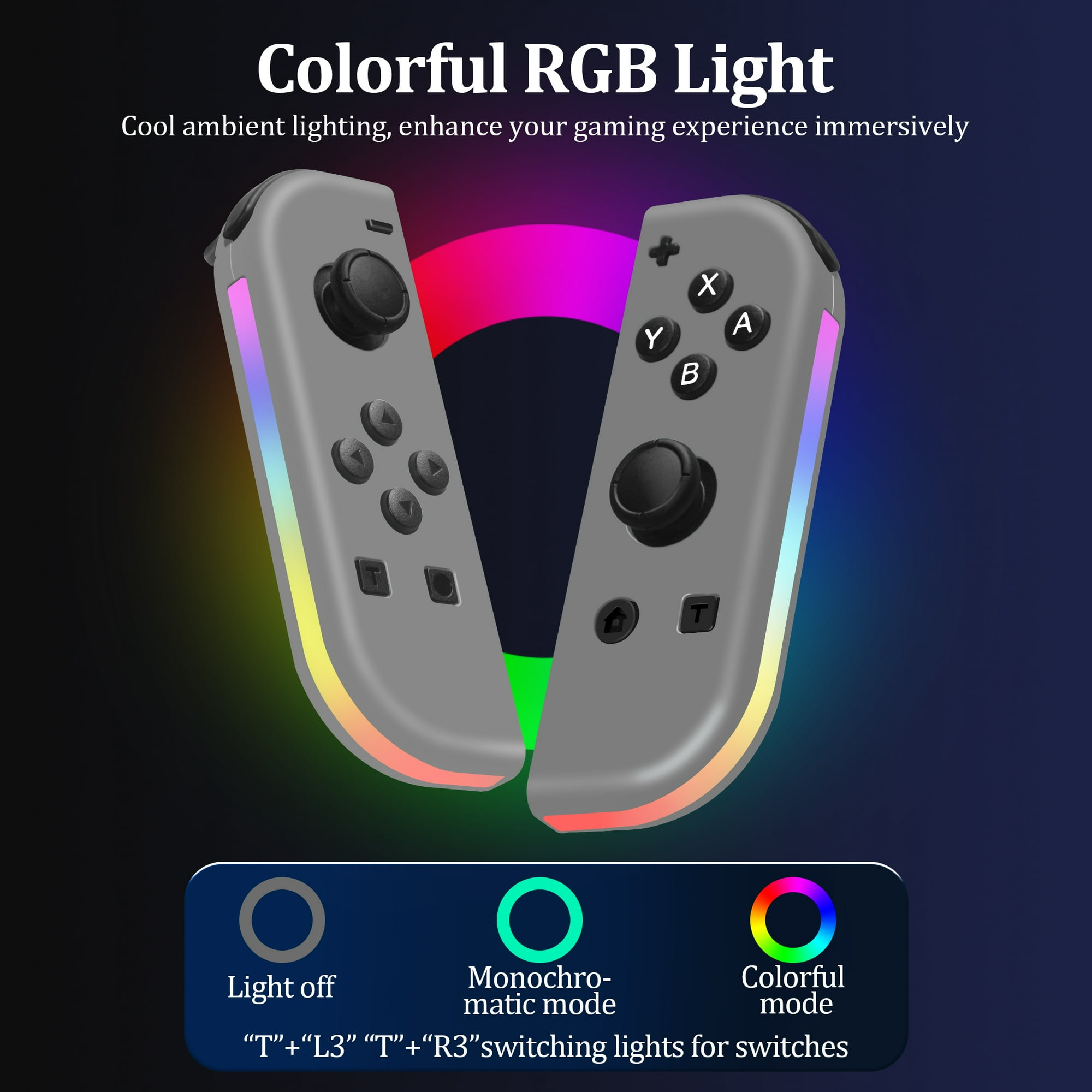 Zwei graue Gamecontroller mit farbenfroher RGB-Beleuchtung. Die Tasten sind mit A, B, X, Y und Richtungspads beschriftet.