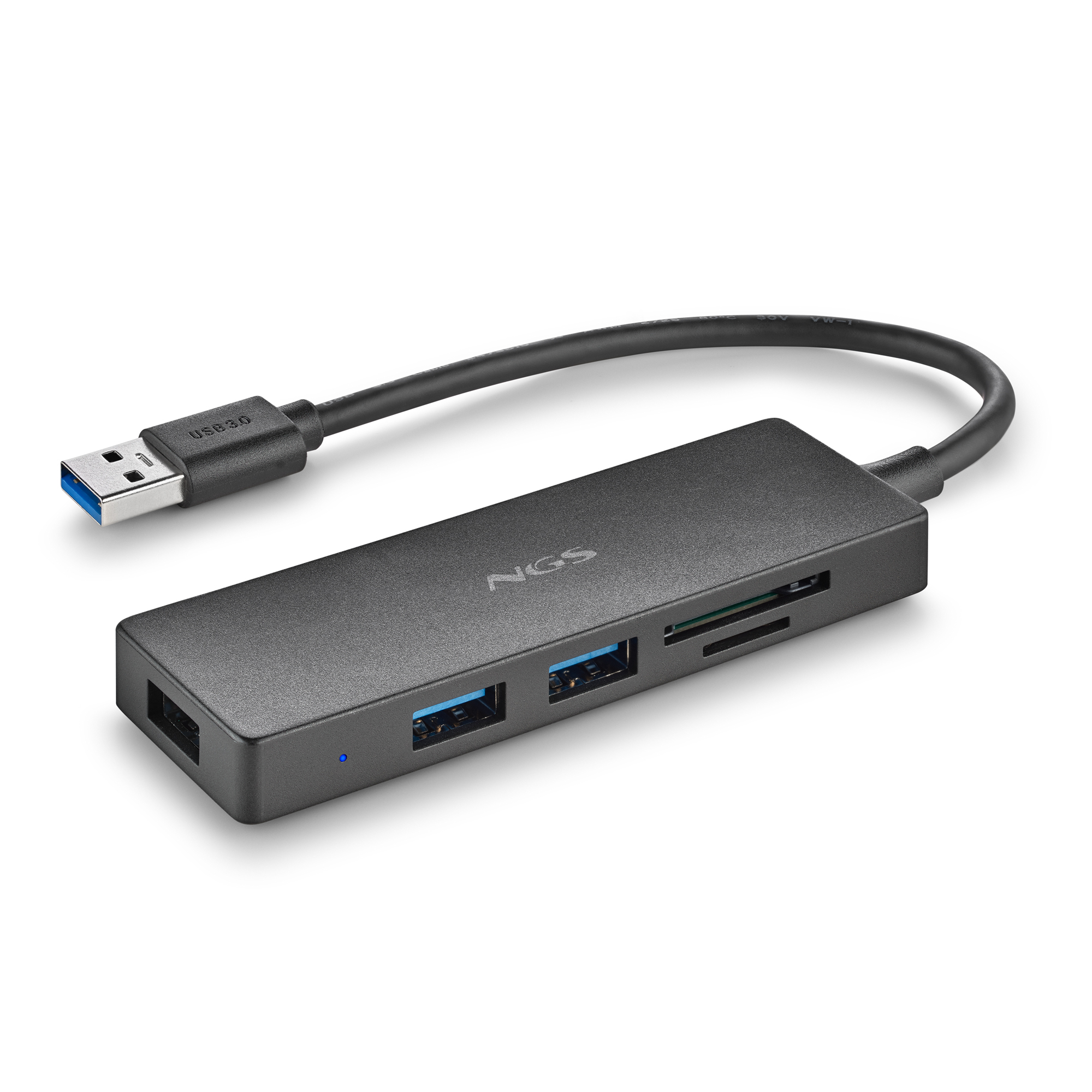 Schwarzer USB-Hub mit mehreren Anschlüssen: USB, USB-C und SD-Kartenleser. USB-Kabel angeschlossen.