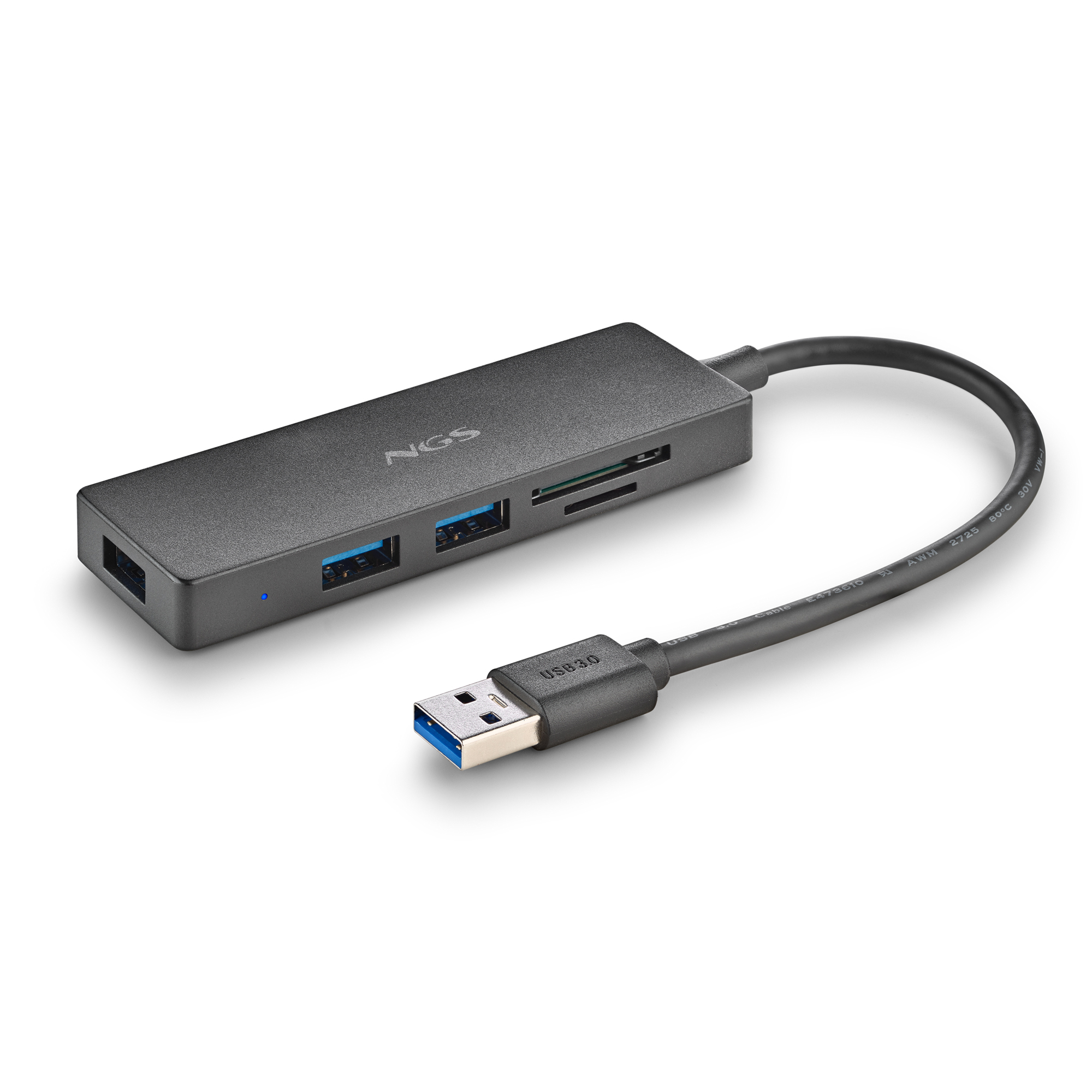 Ein schwarzer USB-Hub mit mehreren Anschlüssen und einem angeschlossenen USB-Kabel.