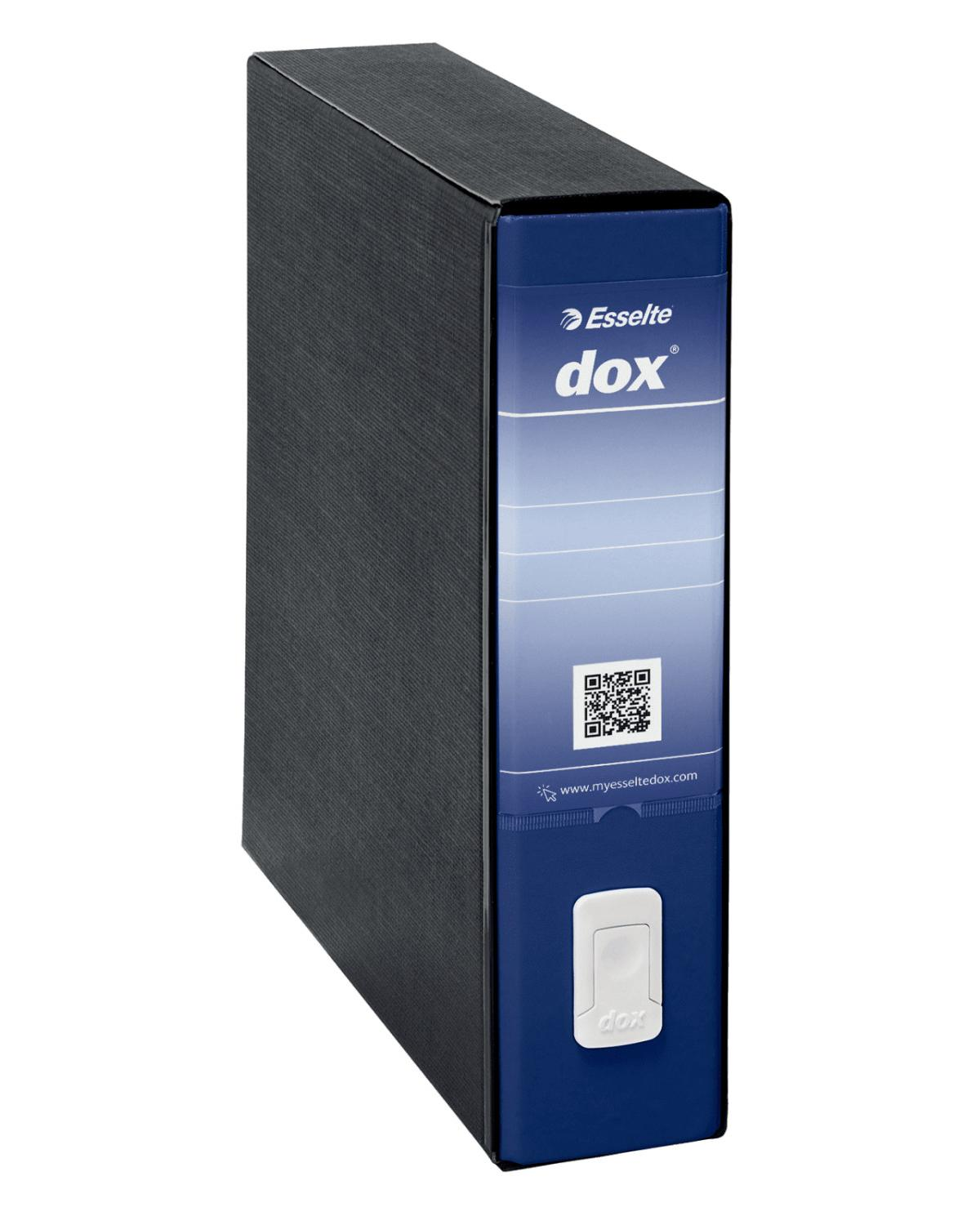 Czarny pojemnik na pliki z niebieską etykietą. Biała etykieta i przycisk doox.