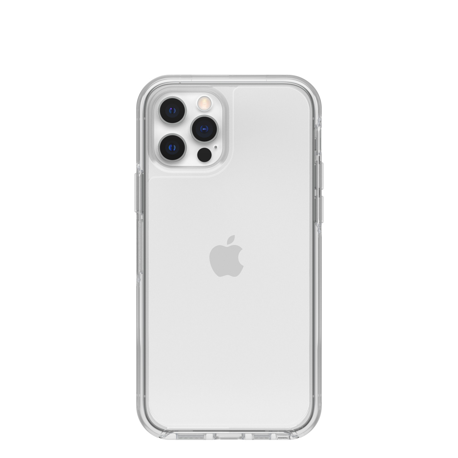 Rückseite einer transparenten Handyhülle mit einem Handy darin. Das Handy zeigt einen weißen Hintergrund mit einem Apple-Logo.