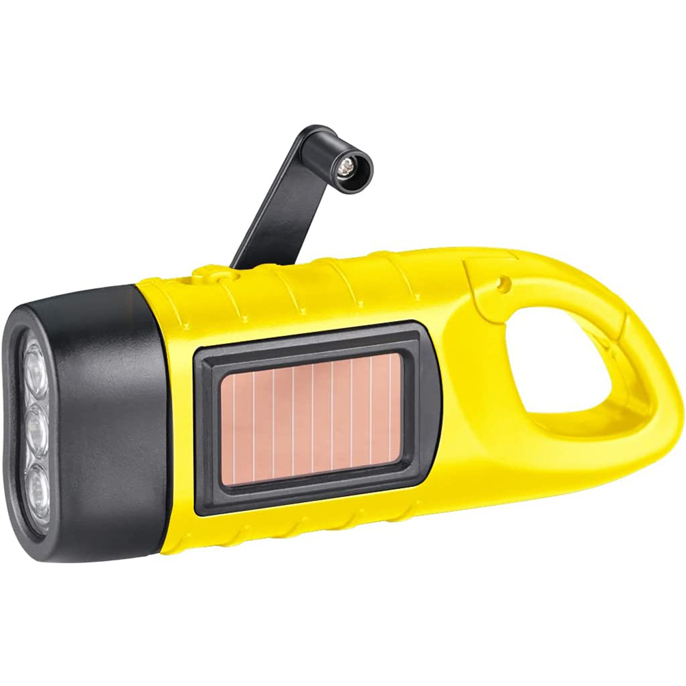 Eine gelbe Taschenlampe mit Solarpanel und Handkurbel auf weißem Grund.